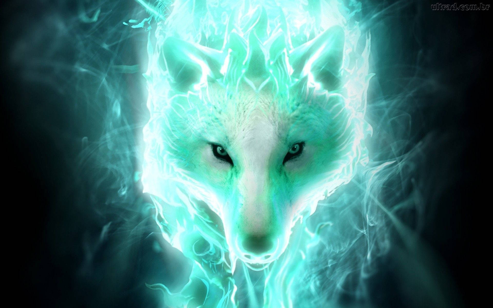 glowing cyan wolf, swirling mist, dark background, Full HD Desktop Wallpaper