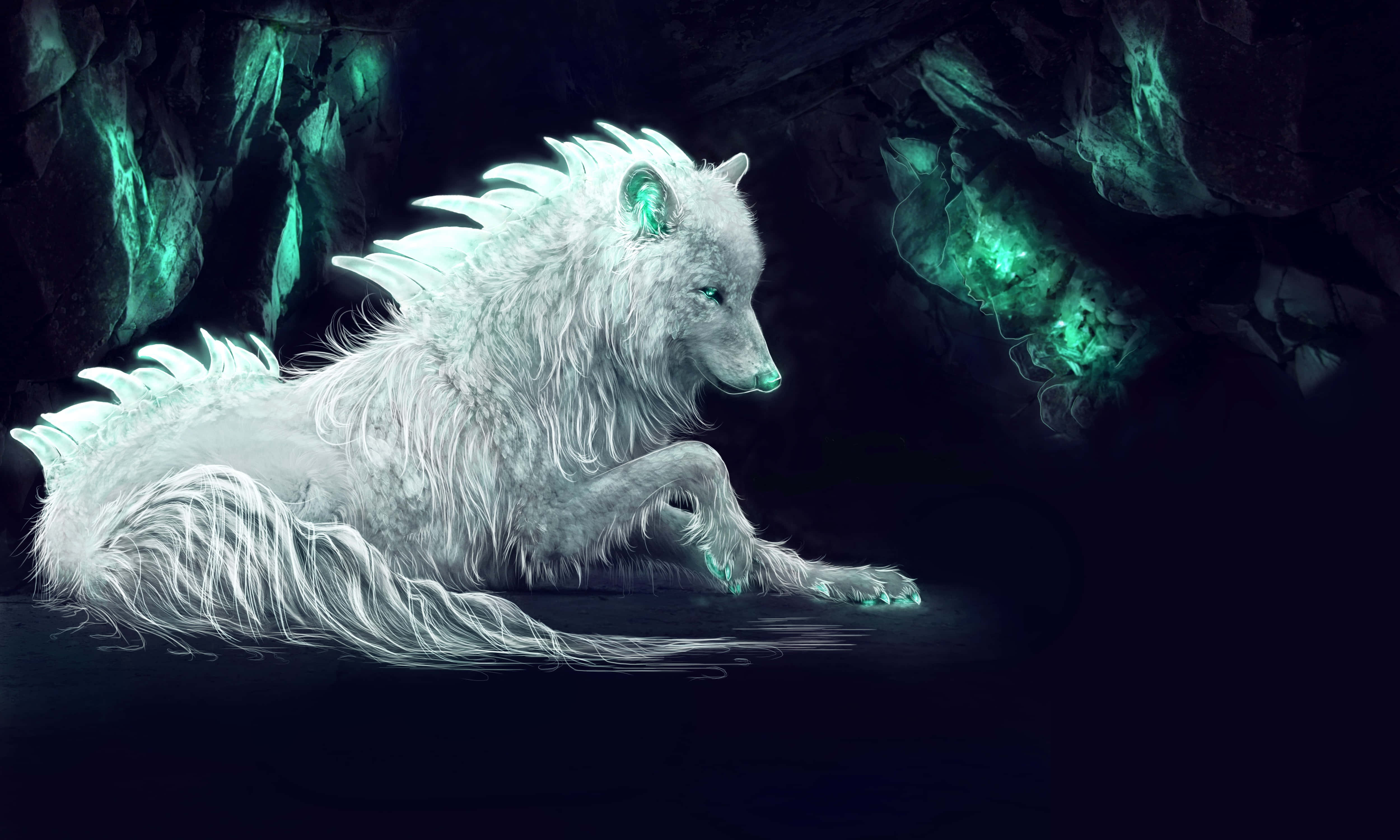 Arctic Wolf 5000, glowing teal eyes, dark cave, 4K Desktop Wallpaper