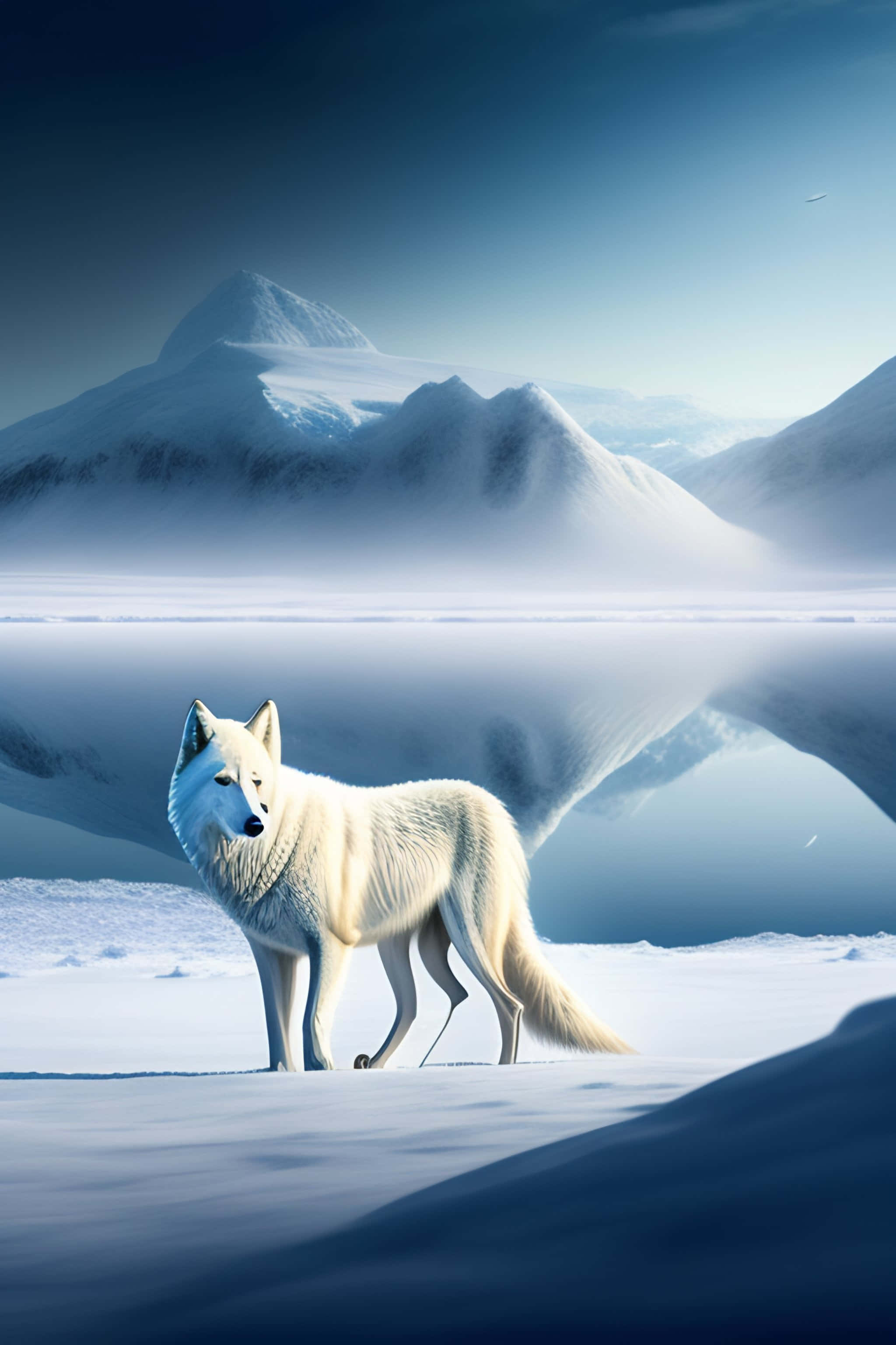 Arctic Wolf, snowy landscape, mirrored mountains, 2K Phone Wallpaper