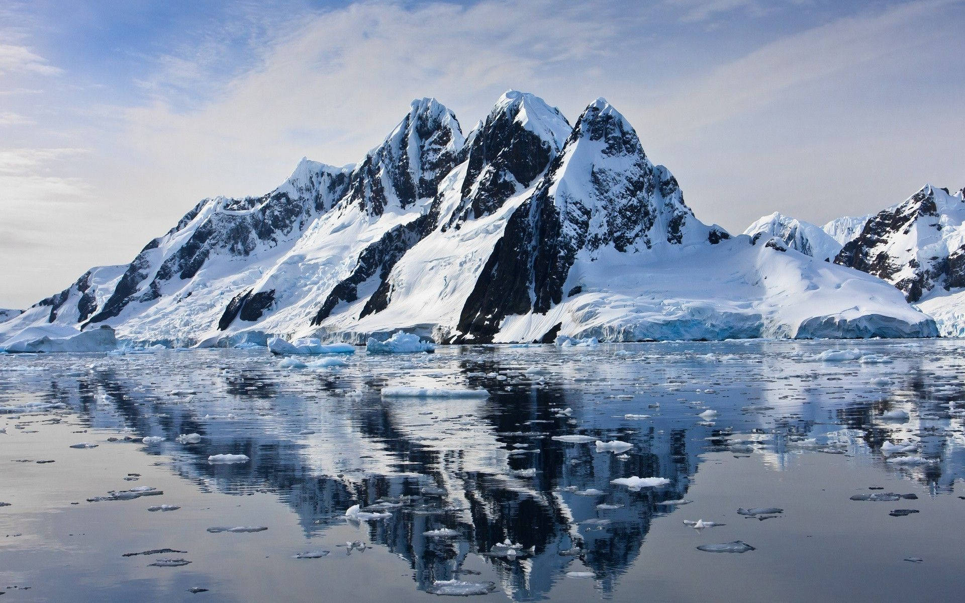 Arctic, snowcapped jagged mountains, icy waters, Full HD Desktop Wallpaper