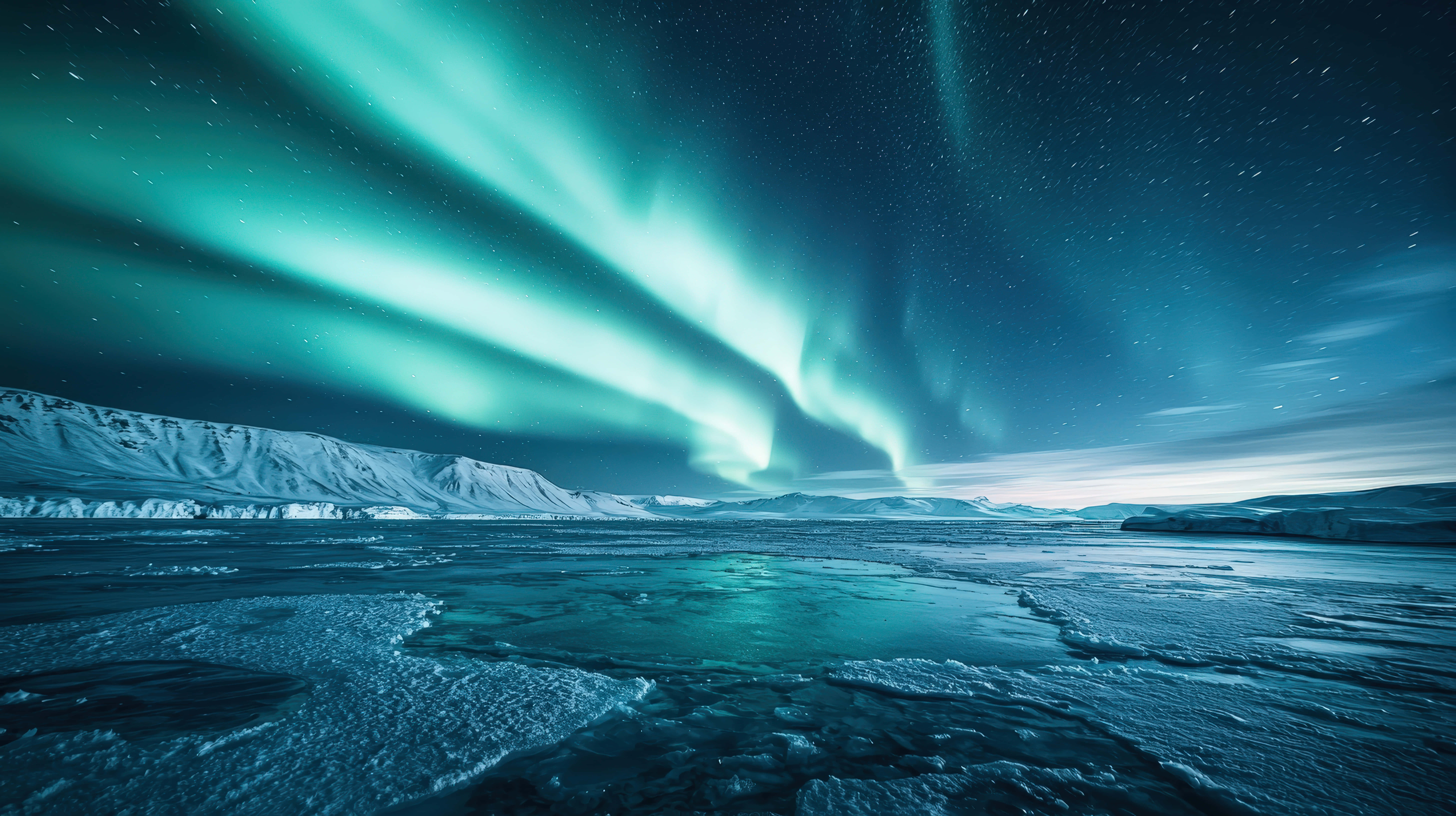bright green northern lights, icy arctic landscape, starry night sky, 8K Desktop Wallpaper