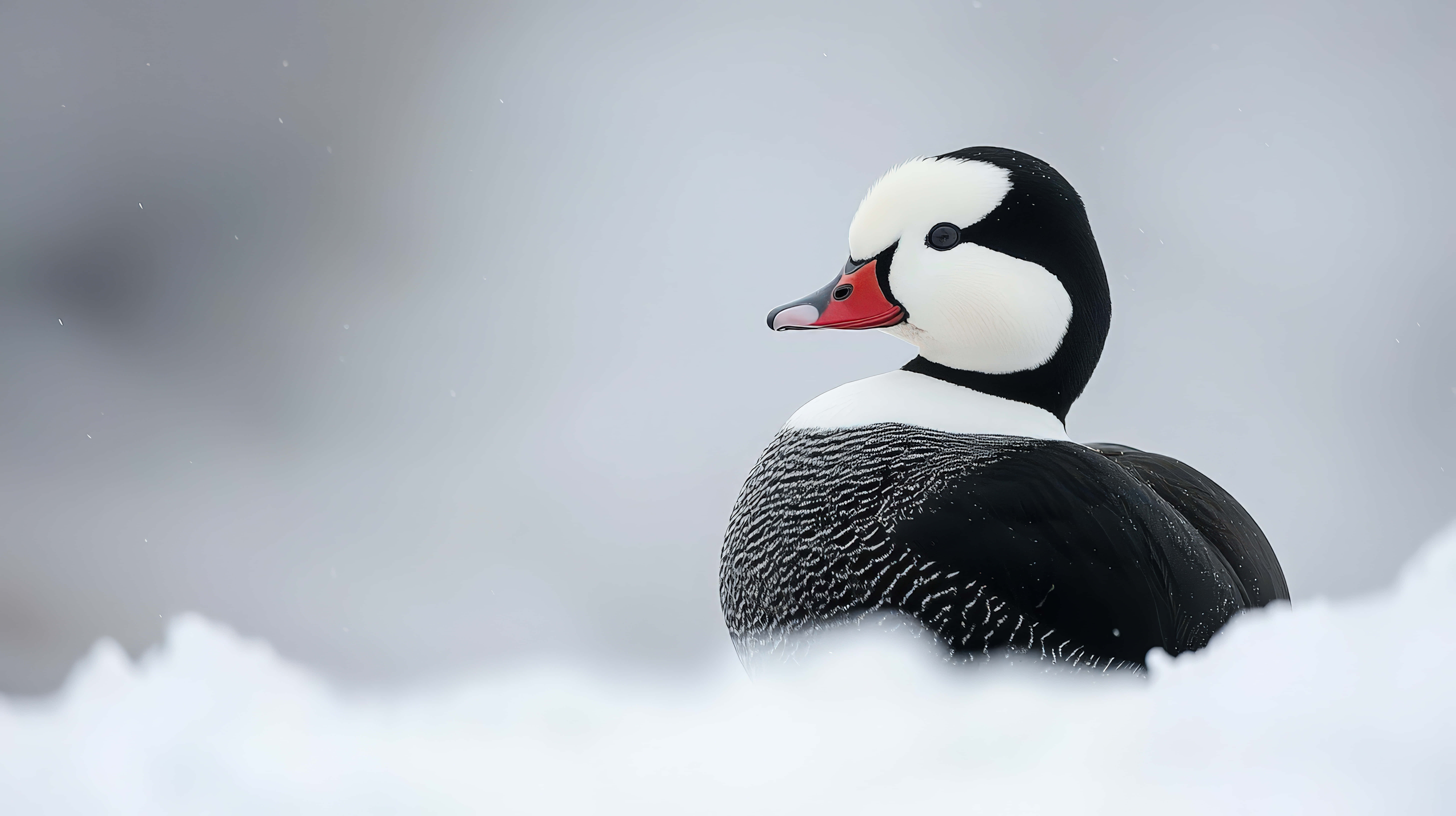 harlequin duck, black and white, red beak, 8K Desktop Wallpaper
