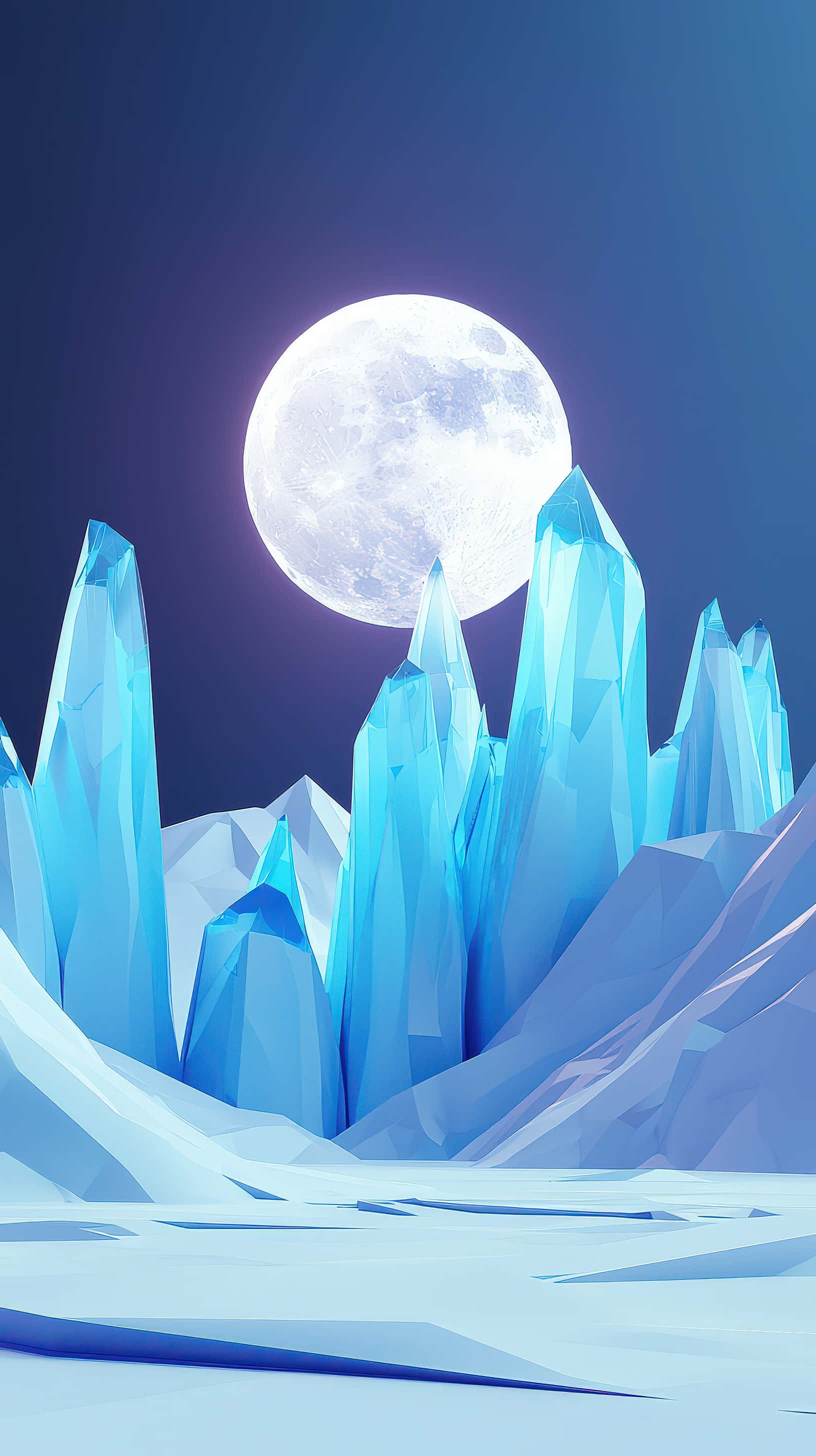 glowing blue ice formations, bright full moon, sharp blue crystalline spires, 2K Phone Wallpaper