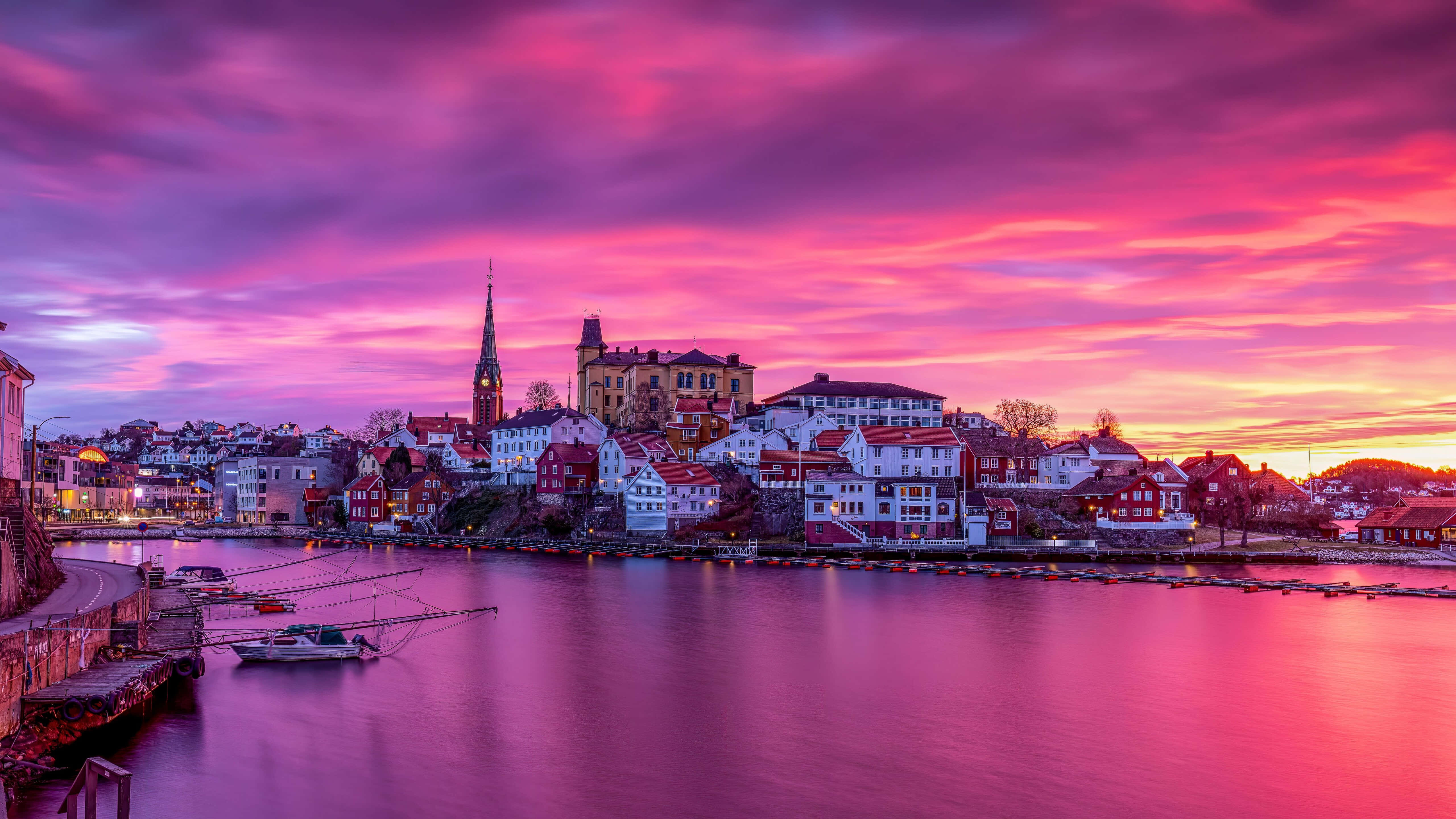 Arendal, waterfront, sunset, 5K Desktop Wallpaper