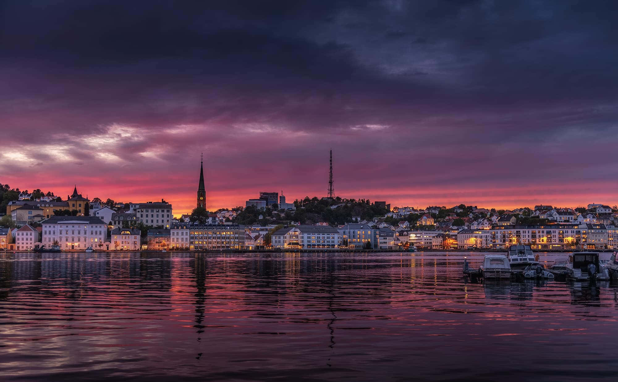 Arendal, waterfront, sunset, Full HD Desktop Wallpaper