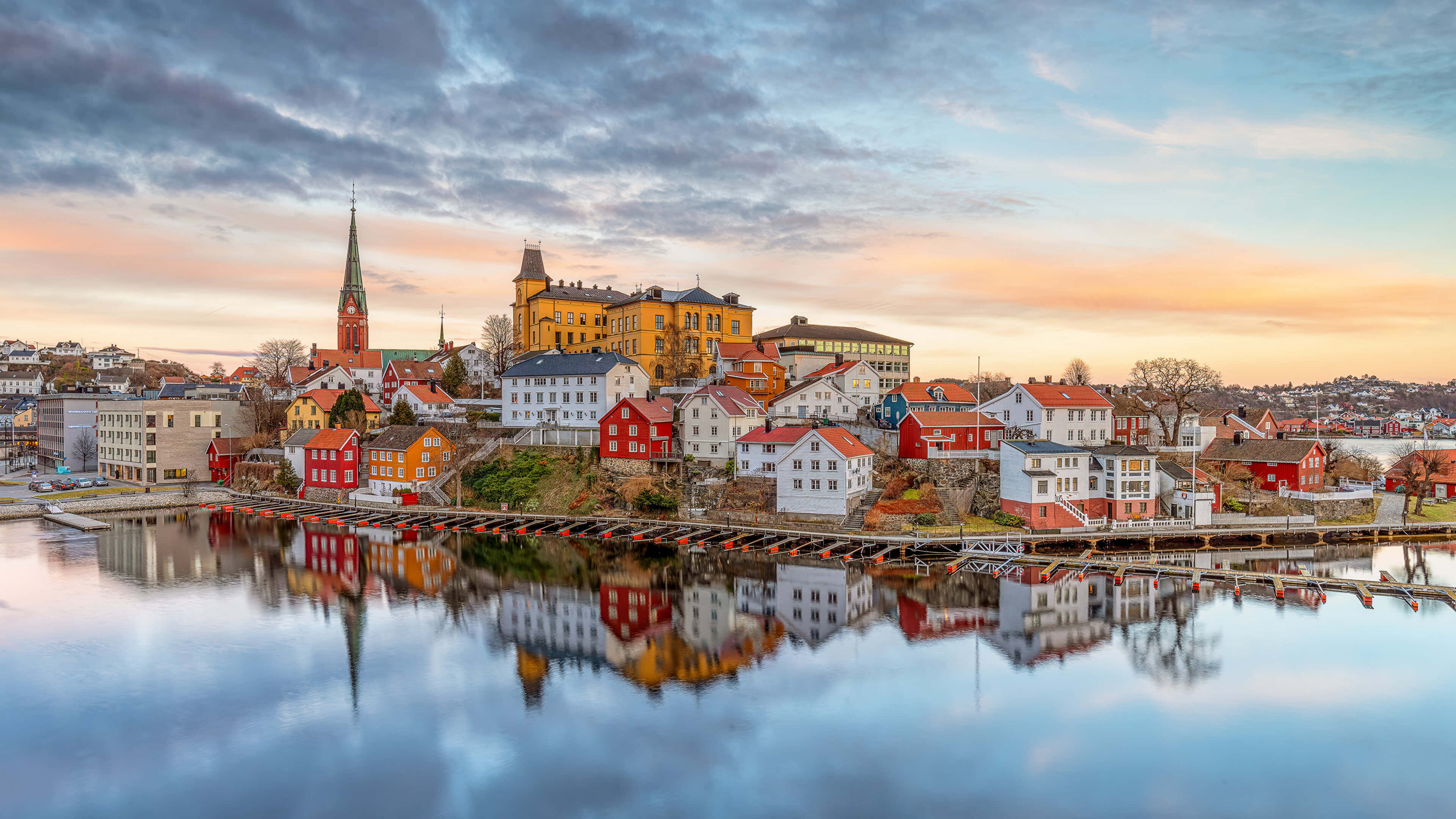 Arendal, waterfront, sunset, 4K Desktop Wallpaper