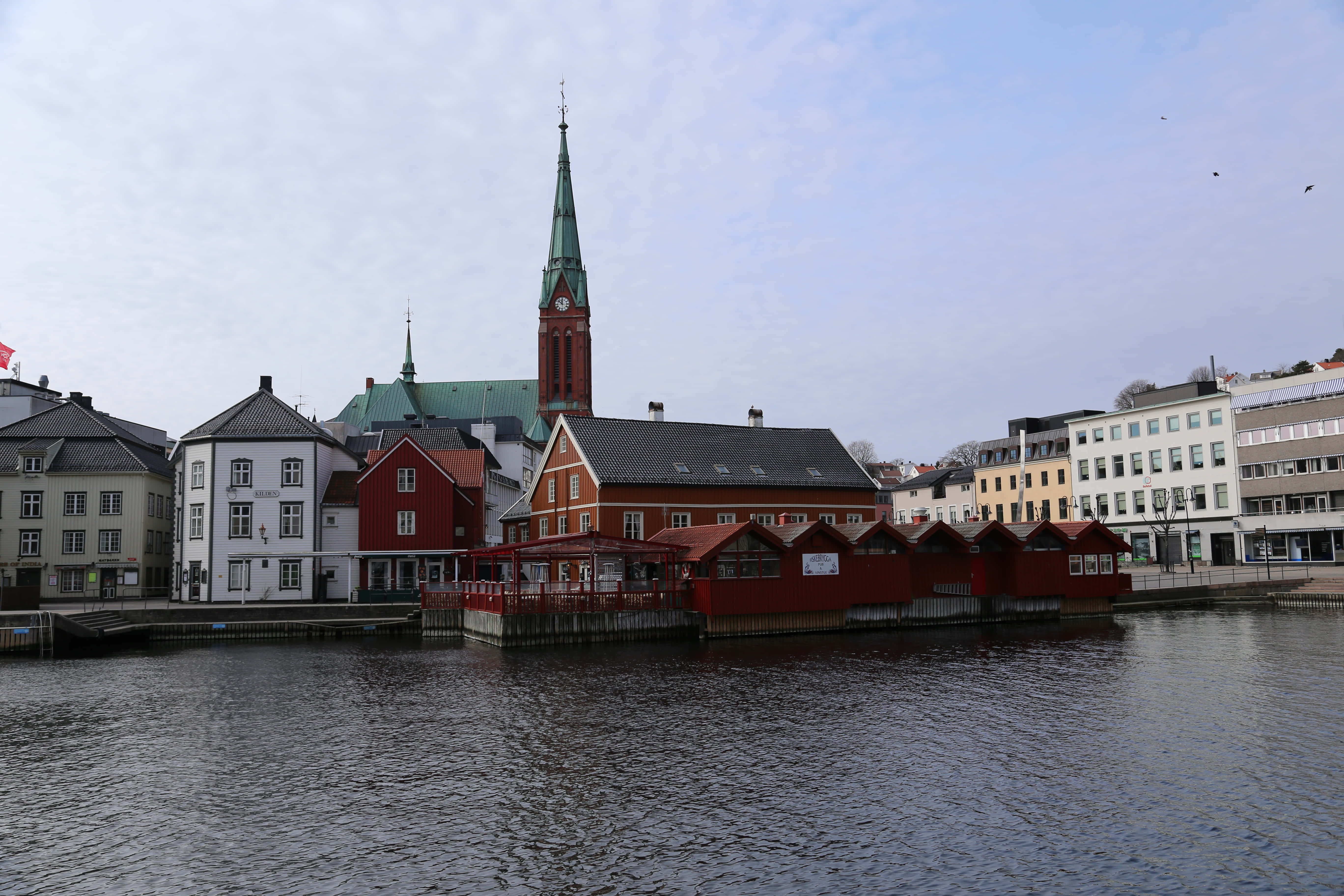 Arendal, waterfront, red wooden boathouses, 5K Desktop Wallpaper