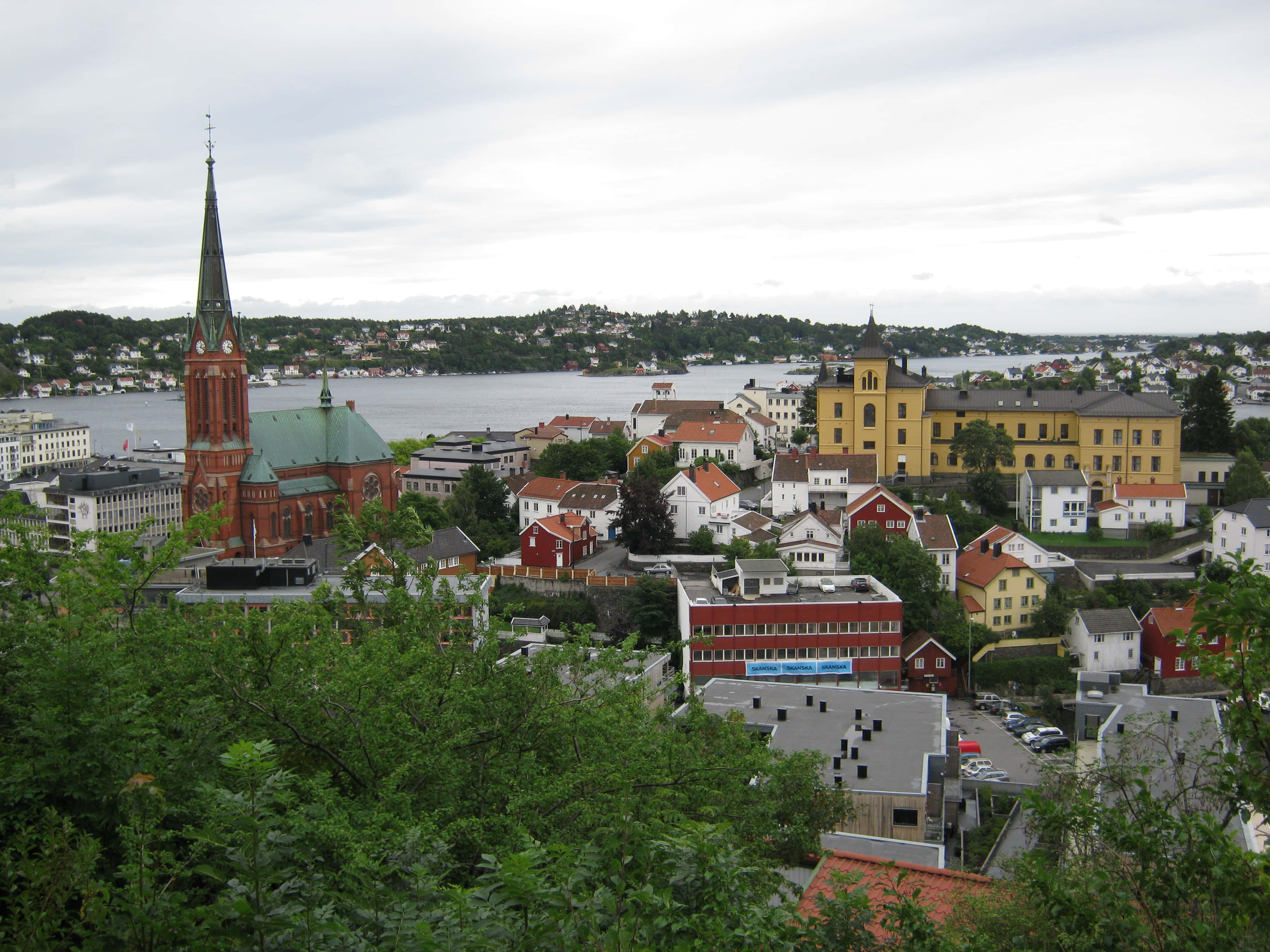 Arendal, coastal town, red brick church, 2K Desktop Wallpaper