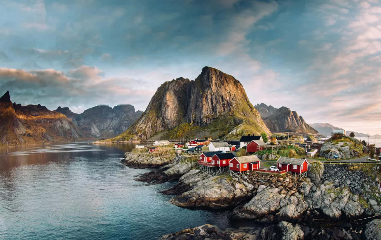 Norwegian coastal village, dusk, red wooden houses, HD Desktop Wallpaper
