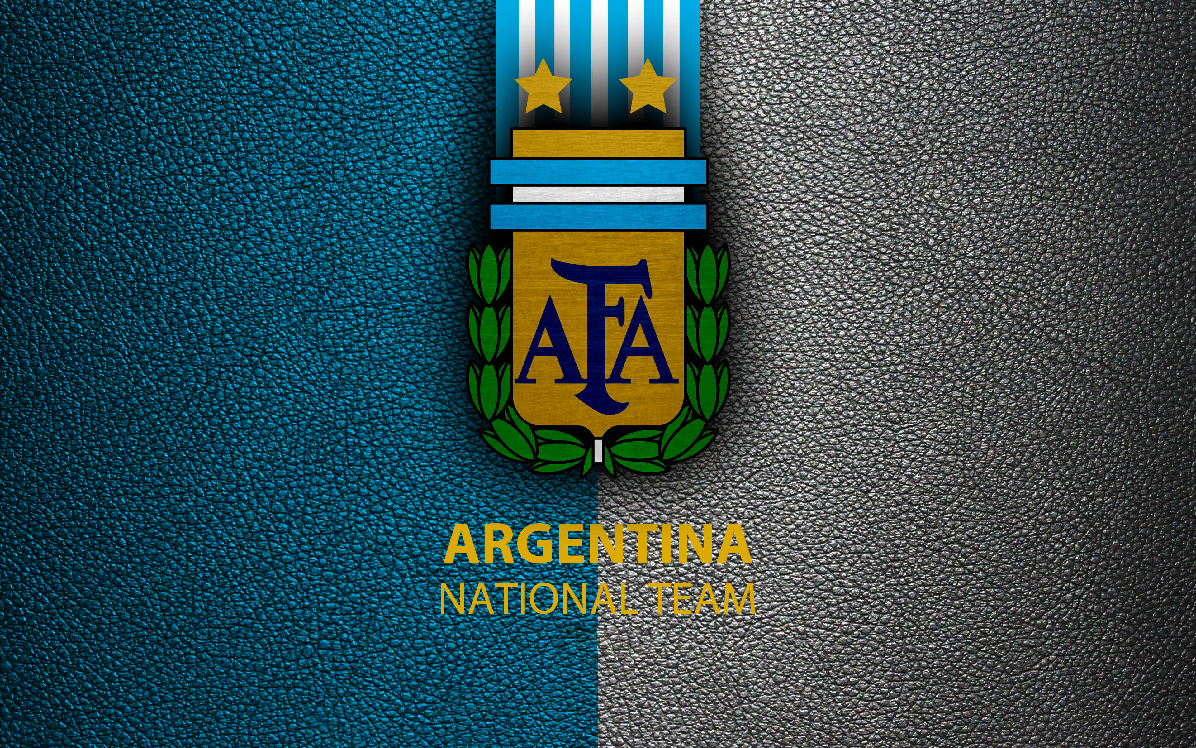 Argentina National Football Team Logo, textured blue and black leather background, gold lettering, 4K Desktop Wallpaper
