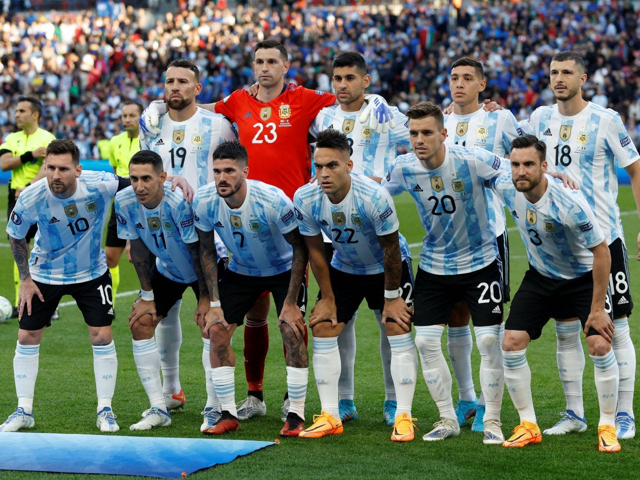 Argentina National Football Team, light blue and white striped jerseys, vibrant green pitch, HD Desktop Wallpaper