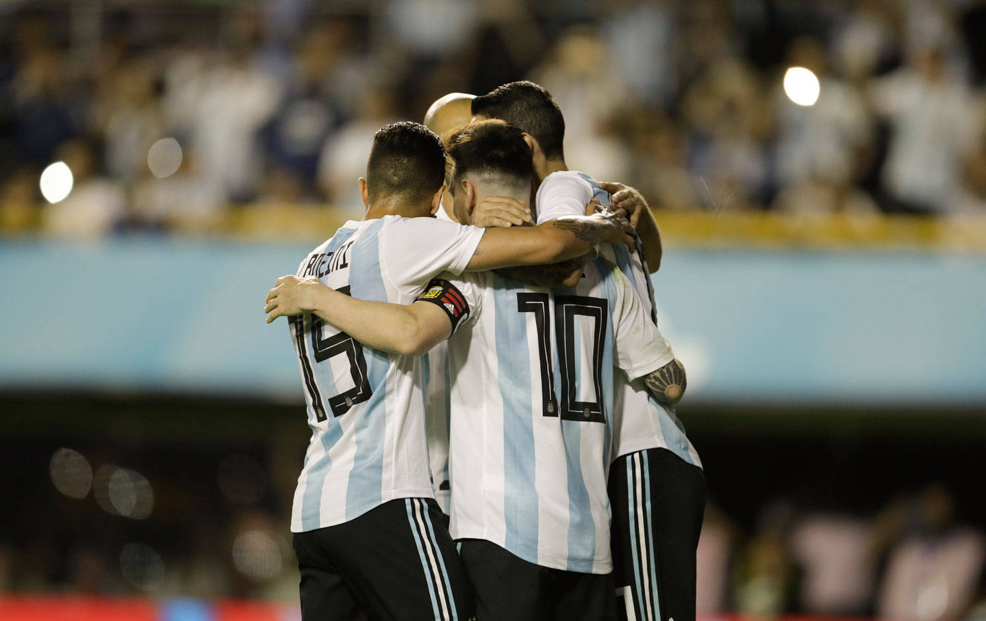 Argentina National Football Team, blue and white striped jerseys, stadium lights, HD Desktop Wallpaper