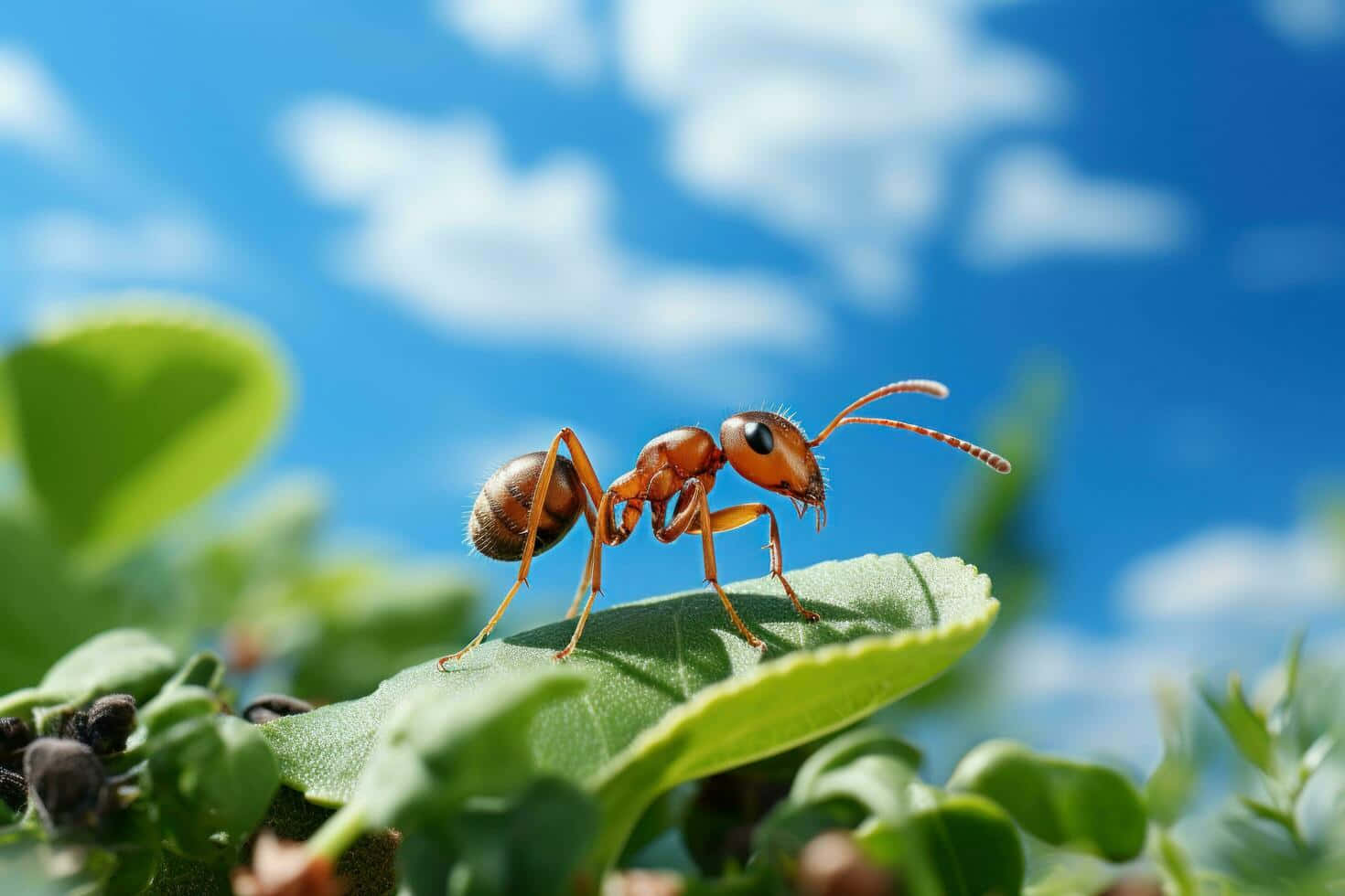 Argentine Ant, reddish-brown ant, vibrant green leaf, HD Desktop Wallpaper
