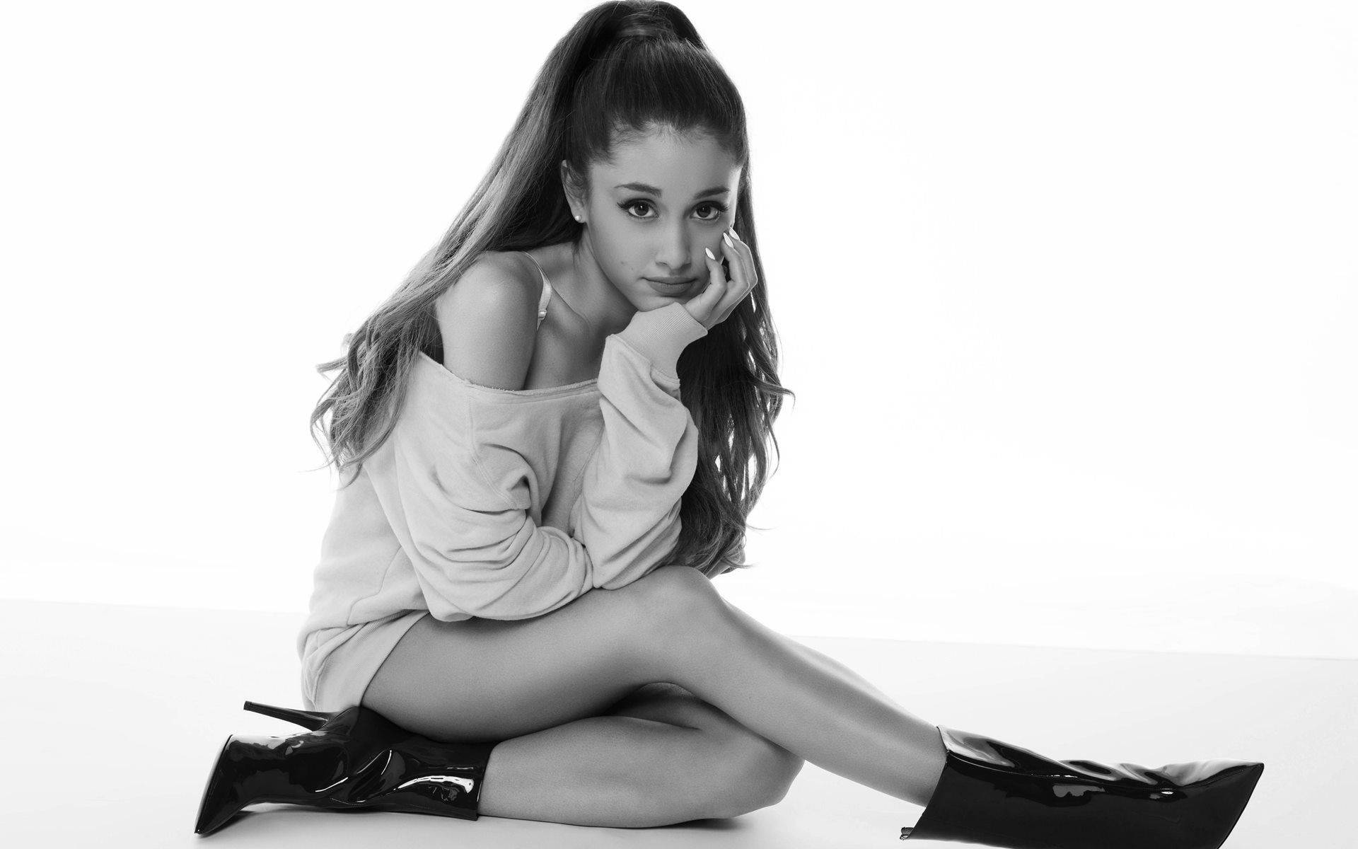 Ariana Grande, monochrome studio shot, loose sweater, Full HD Desktop Wallpaper