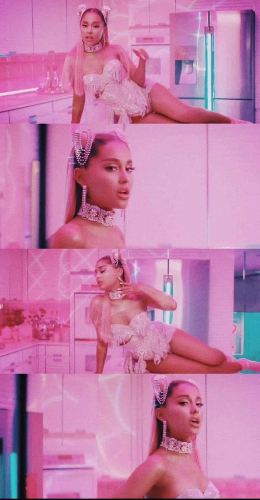 Ariana Grande 7 Rings, futuristic pink kitchen, sparkling white outfit, HD Phone Wallpaper
