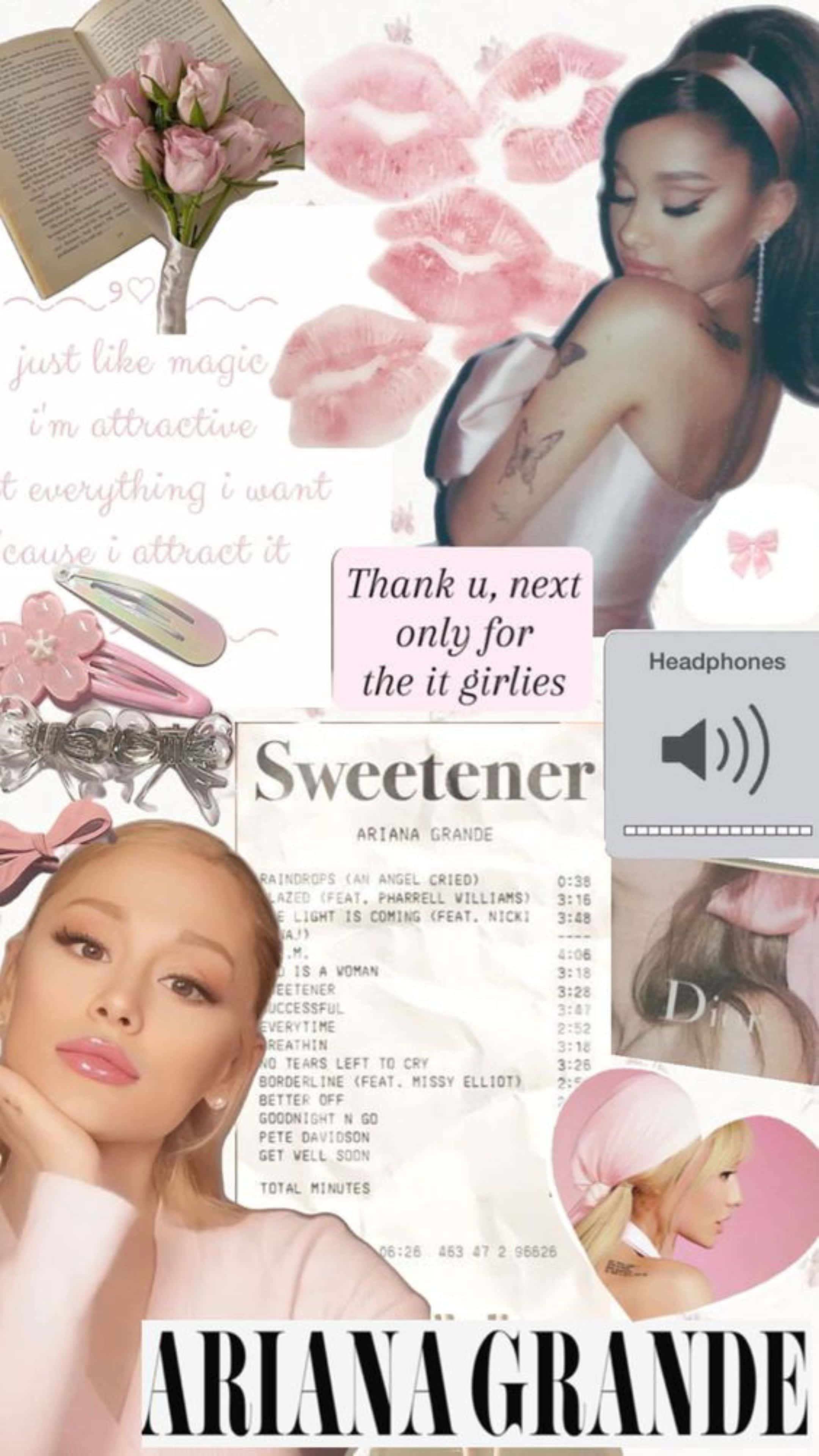 Ariana Grande, pink themed items, roses, 4K Phone Wallpaper
