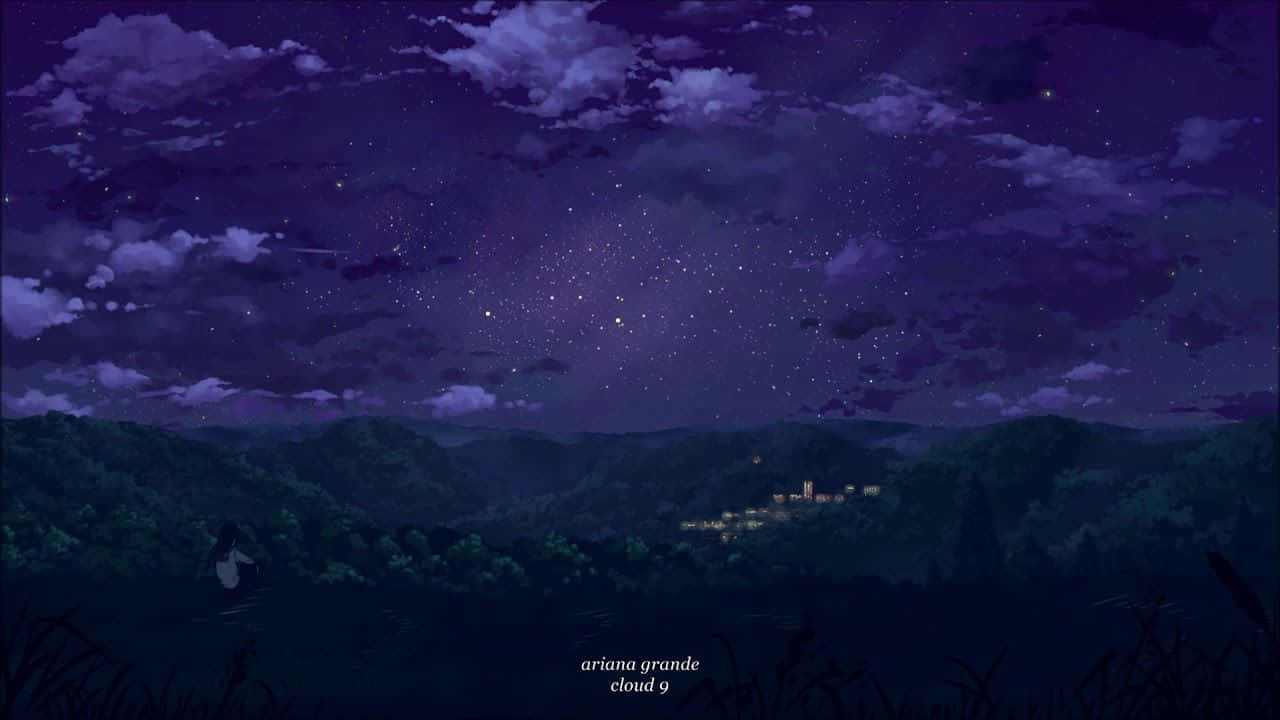 Ariana Grande, starry purple sky, distant village, HD Desktop Wallpaper
