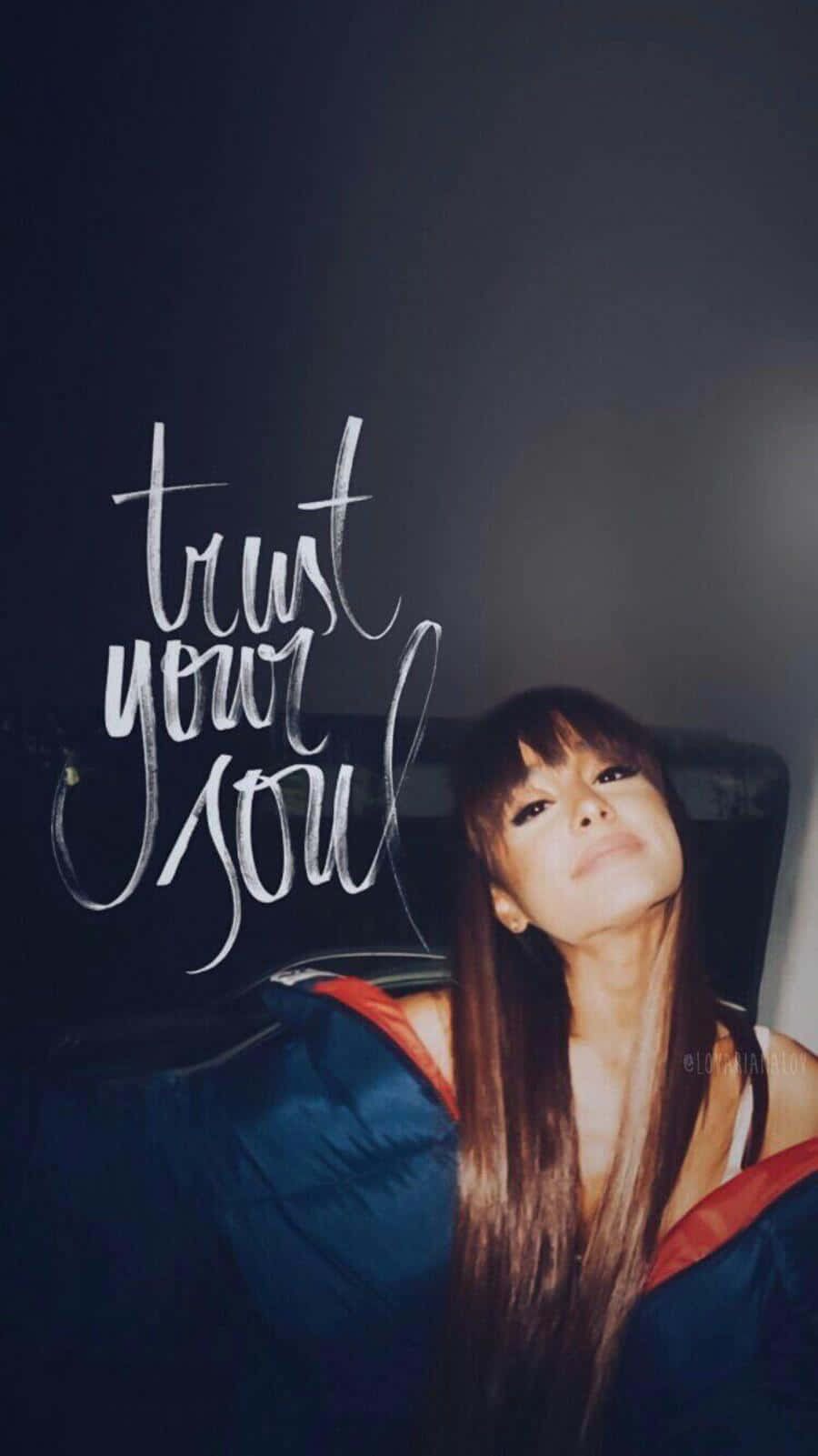 Ariana Grande, long brown hair, elegant white cursive text, HD Phone Wallpaper