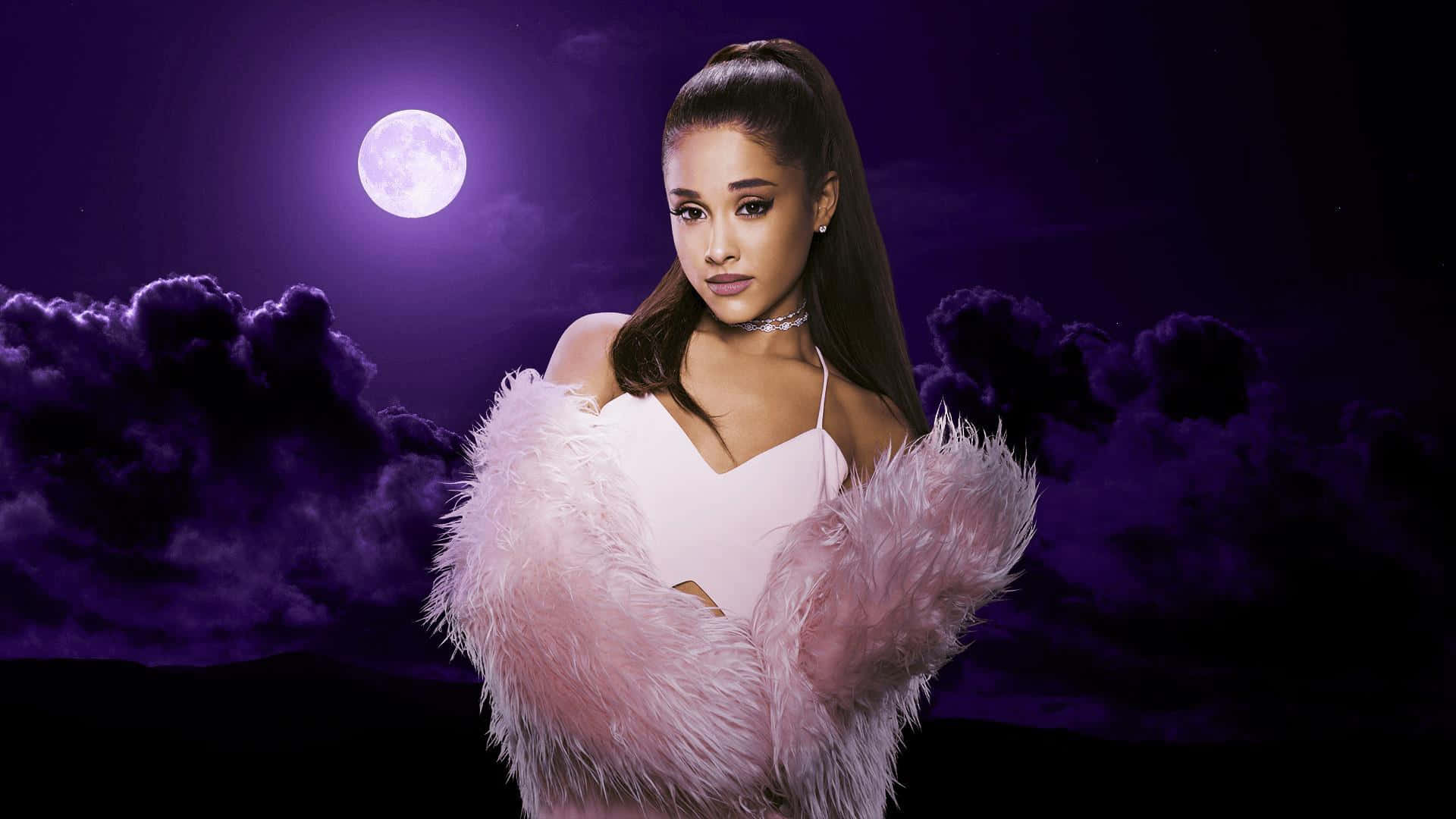 Ariana Grande, purple night sky, glowing full moon, Full HD Desktop Wallpaper