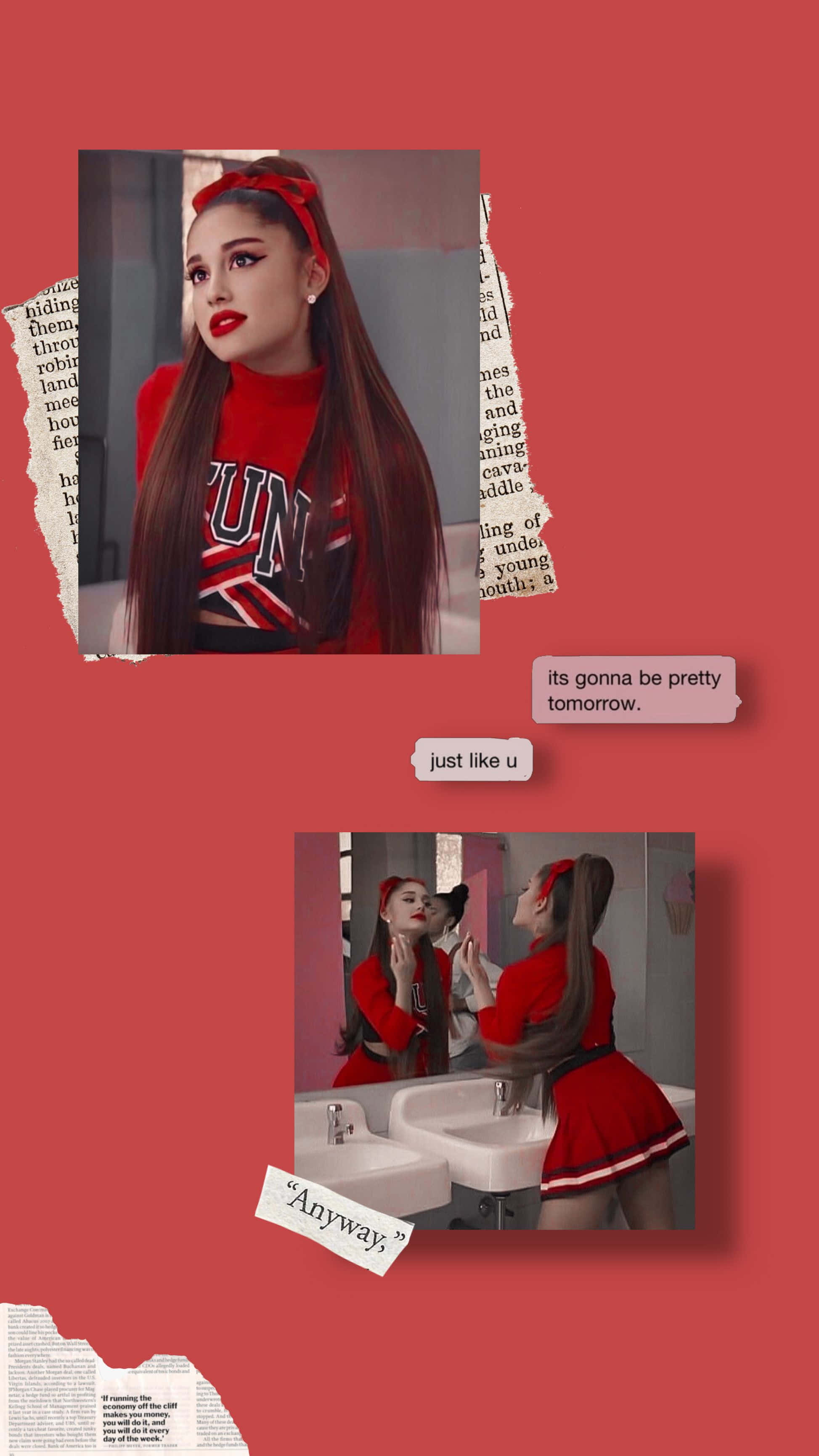 Ariana Grande, red cheer outfit, torn newspaper collage, 2K Phone Wallpaper