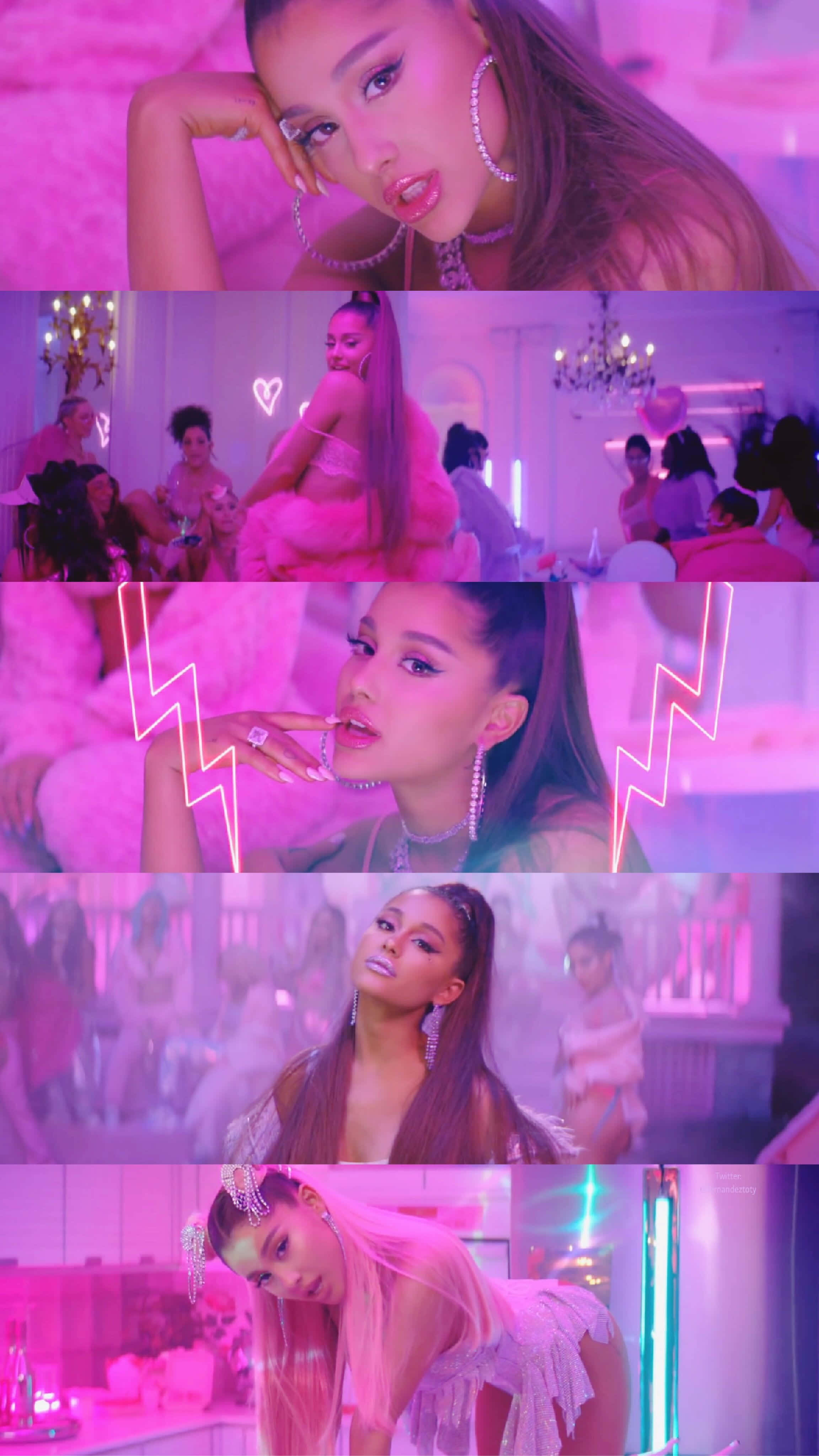 Ariana Grande, neon pink and purple lit room, chandeliers, 4K Phone Wallpaper