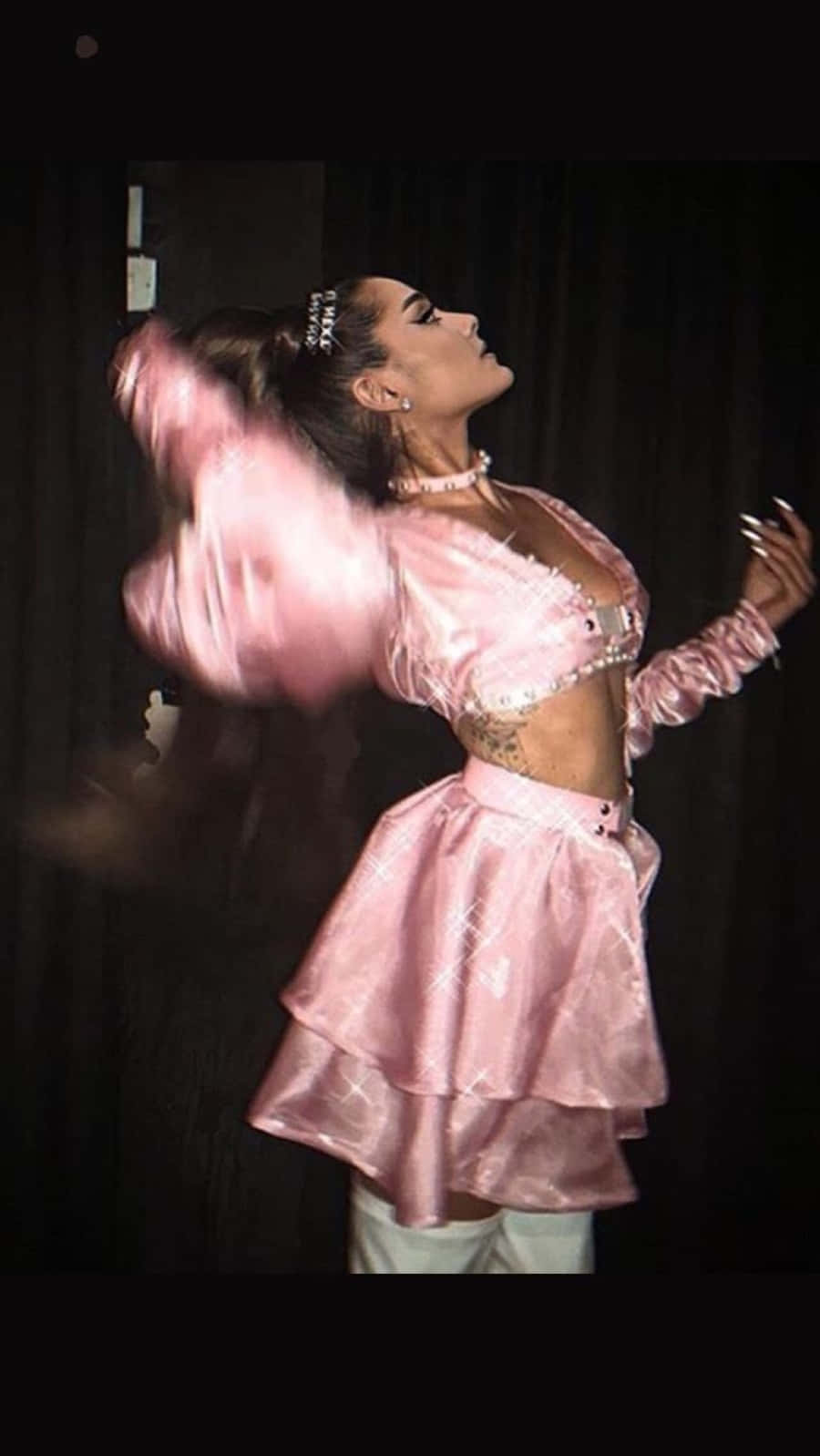 Ariana Grande, shimmering pink outfit, motion blur, HD Phone Wallpaper