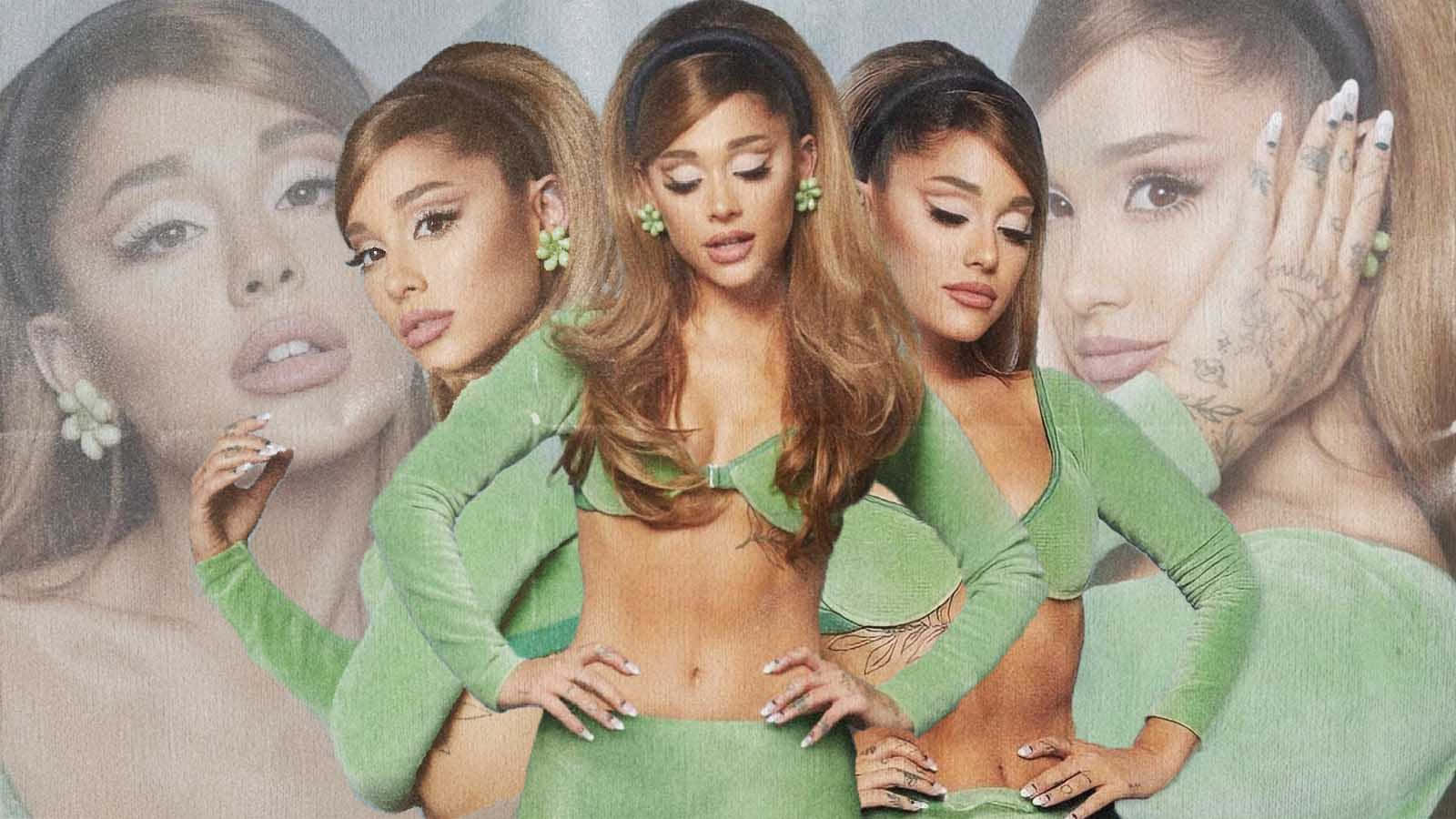 Ariana Grande, vibrant green velvet outfit, multiple layered portrait overlays, HD Desktop Wallpaper