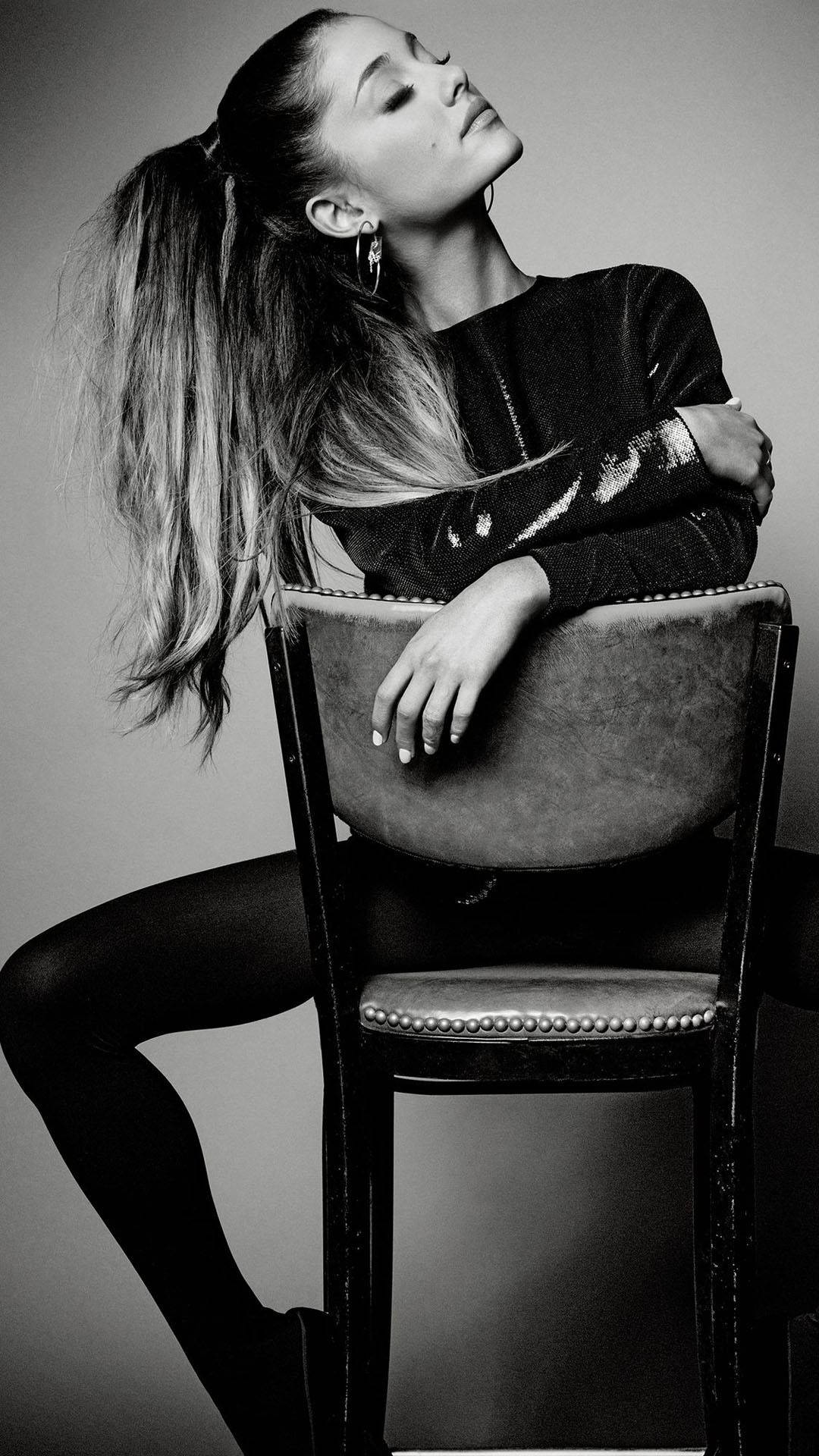 Ariana Grande, high ponytail, black and white studio portrait, Full HD Phone Wallpaper