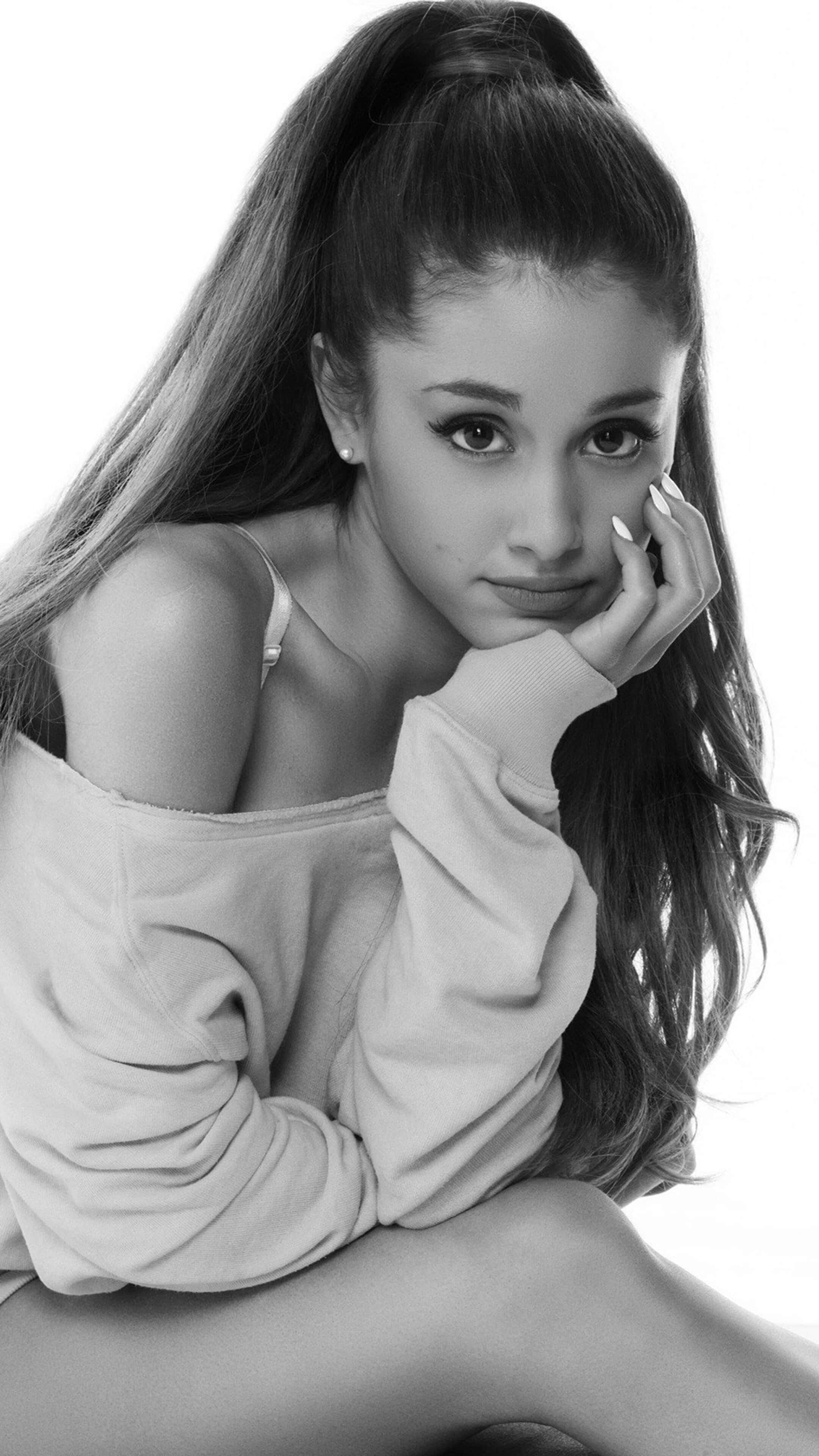 Ariana Grande, black and white portrait, long hair, 4K Phone Wallpaper