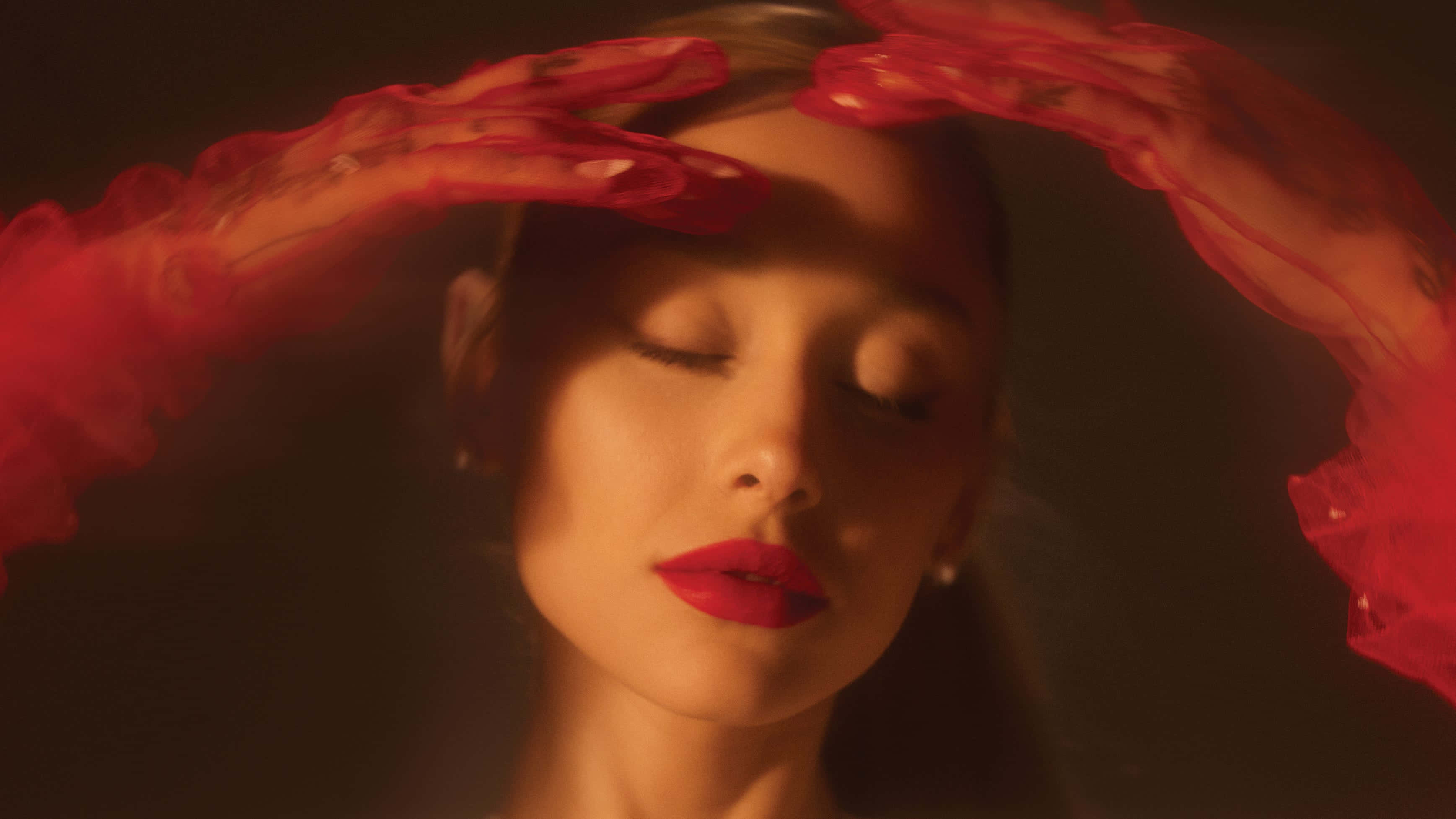 Ariana Grande, red silk, sheer red gloves, 2K Desktop Wallpaper