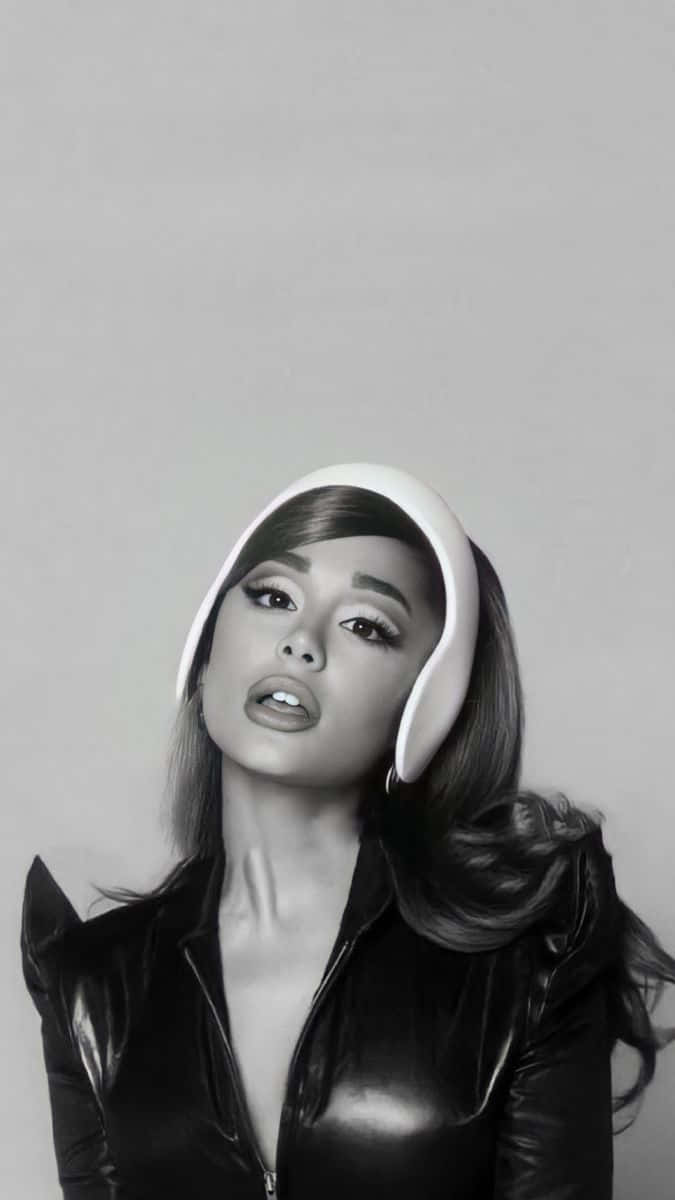 Ariana Grande, white futuristic headpiece, black leather jacket, SD Phone Wallpaper