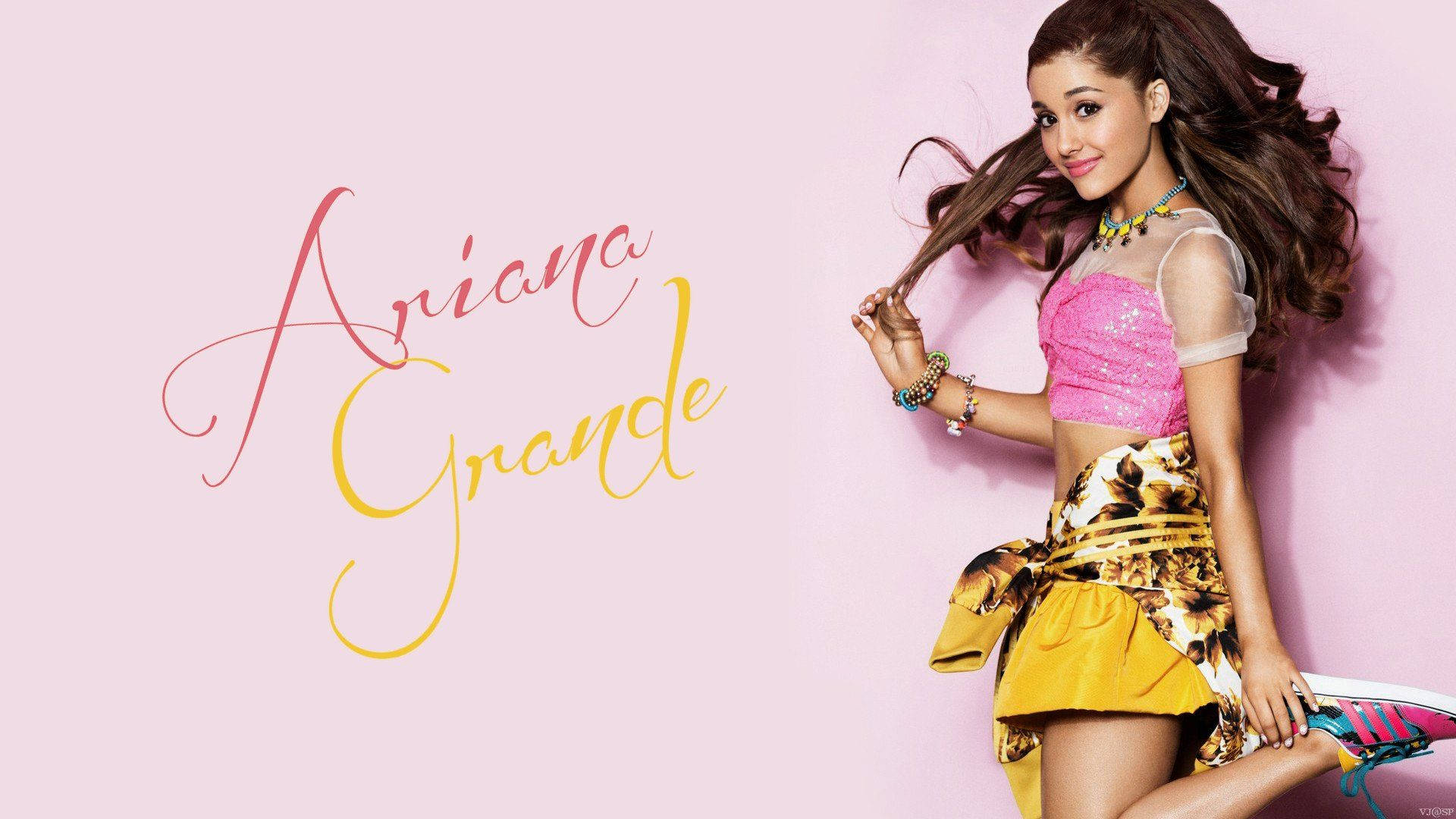 Ariana Grande, pink backdrop, cursive script, Full HD Desktop Wallpaper