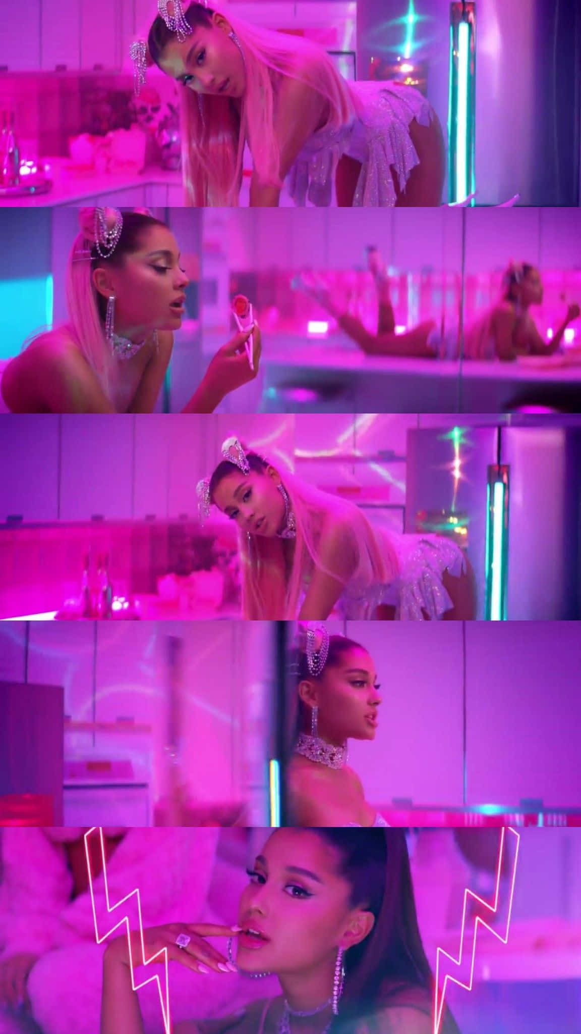 Ariana Grande, 7 Rings, futuristic pink neon-lit bathroom, Full HD Phone Wallpaper