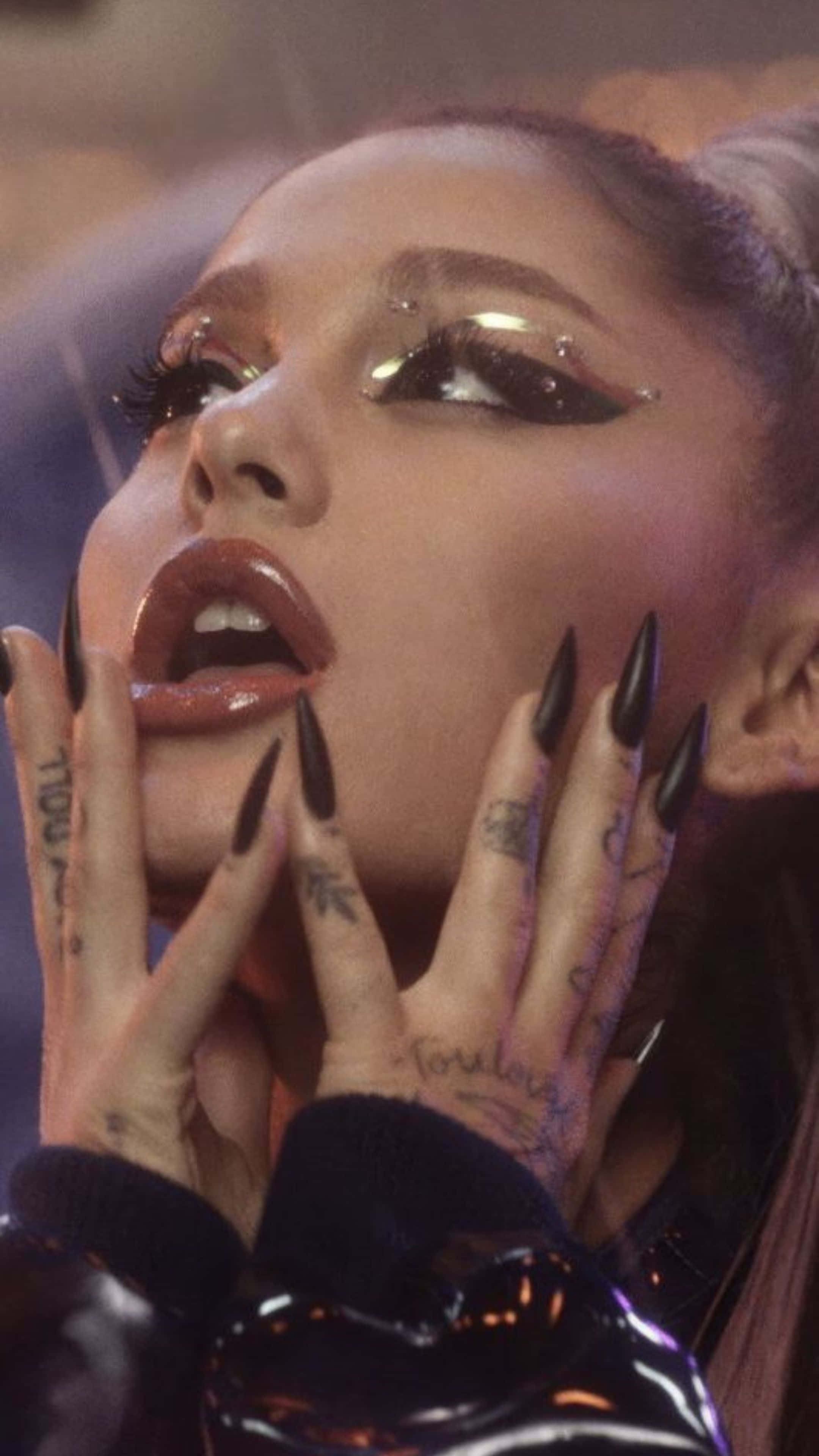 Ariana Grande, dramatic glittery eye makeup, long black nails, 4K Phone Wallpaper