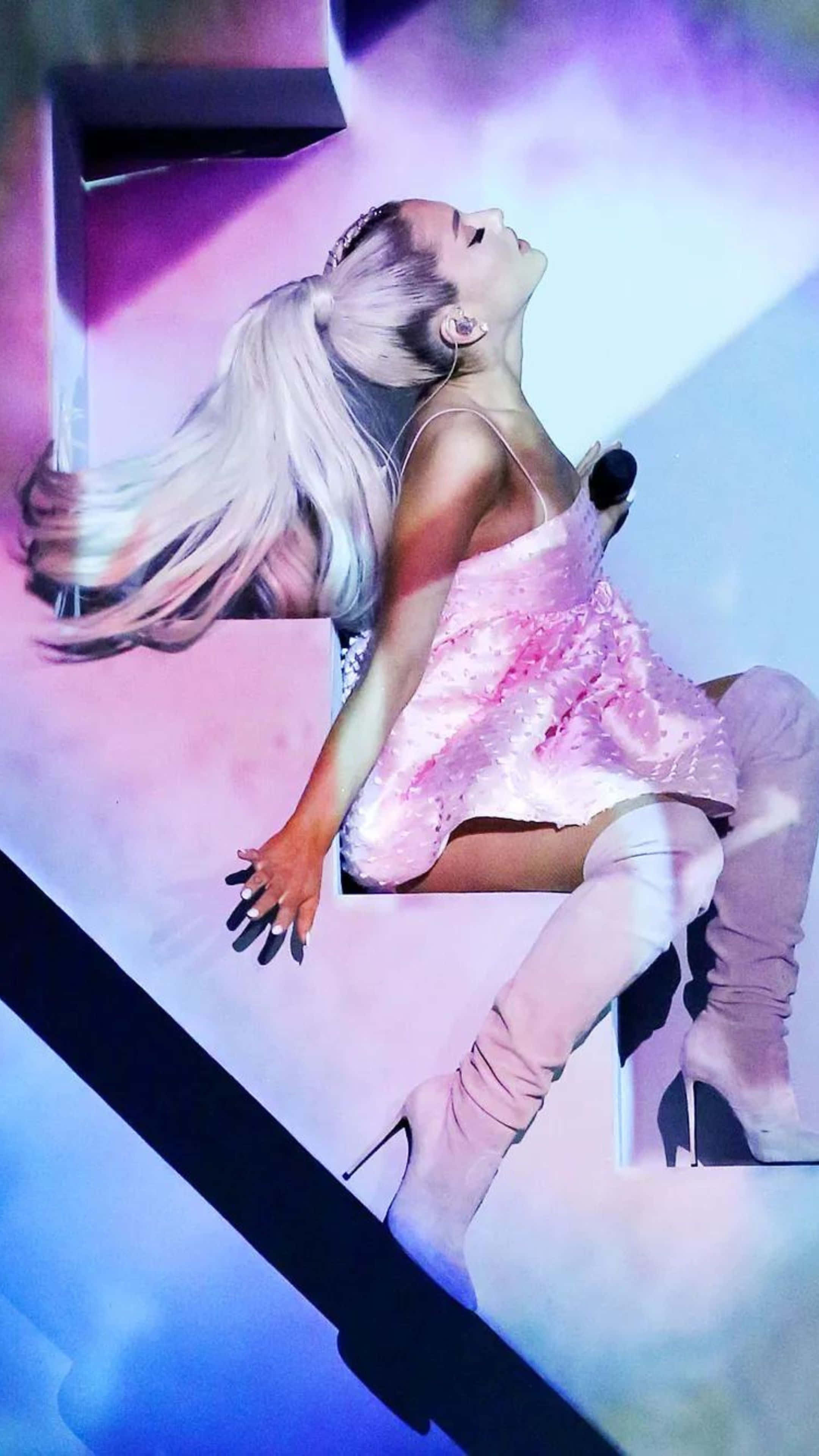 Ariana Grande, pink outfit, flowing blonde hair, 4K Phone Wallpaper