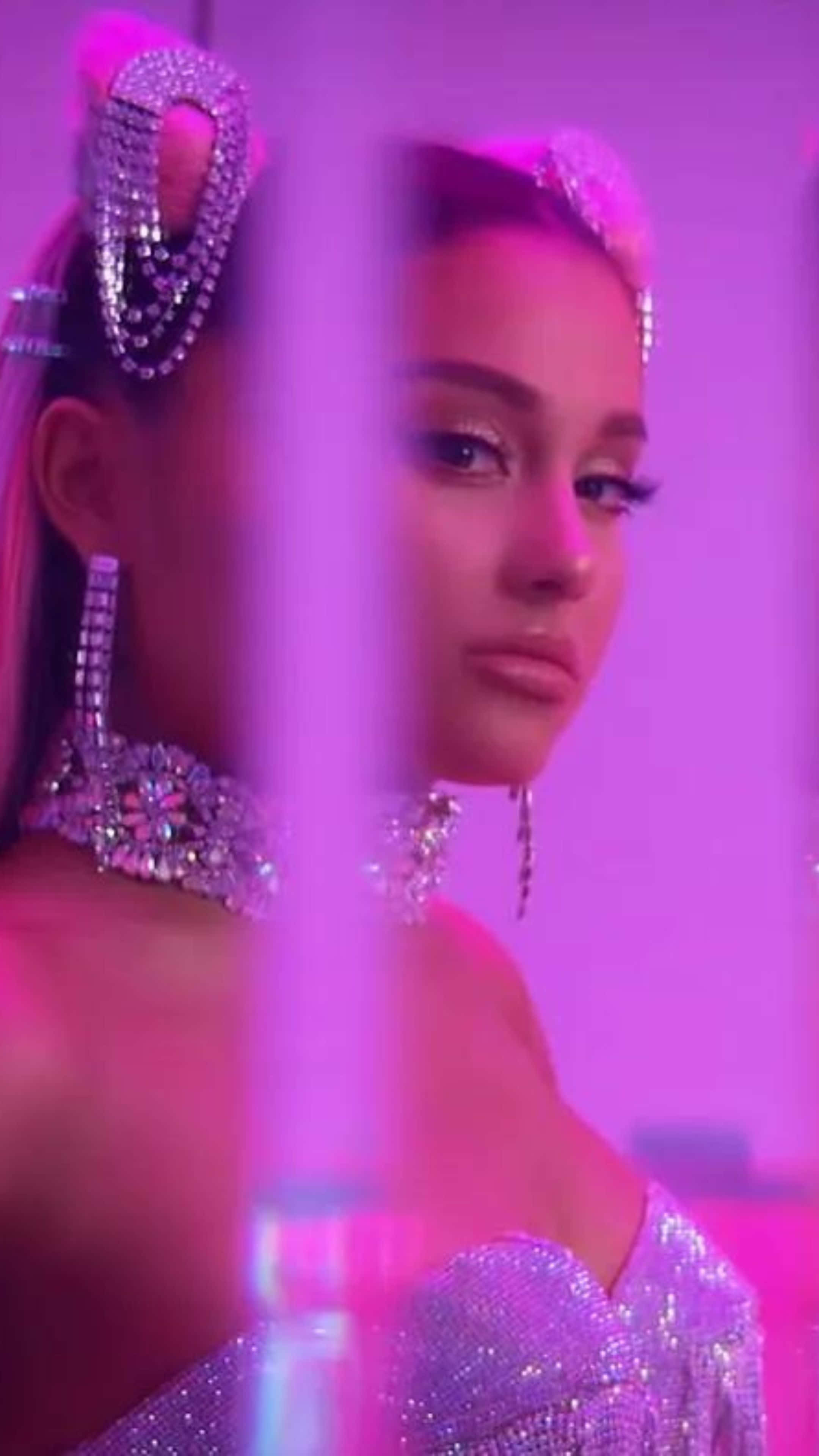 Ariana Grande, pink-lit barrier, vibrant purple lighting, 4K Phone Wallpaper
