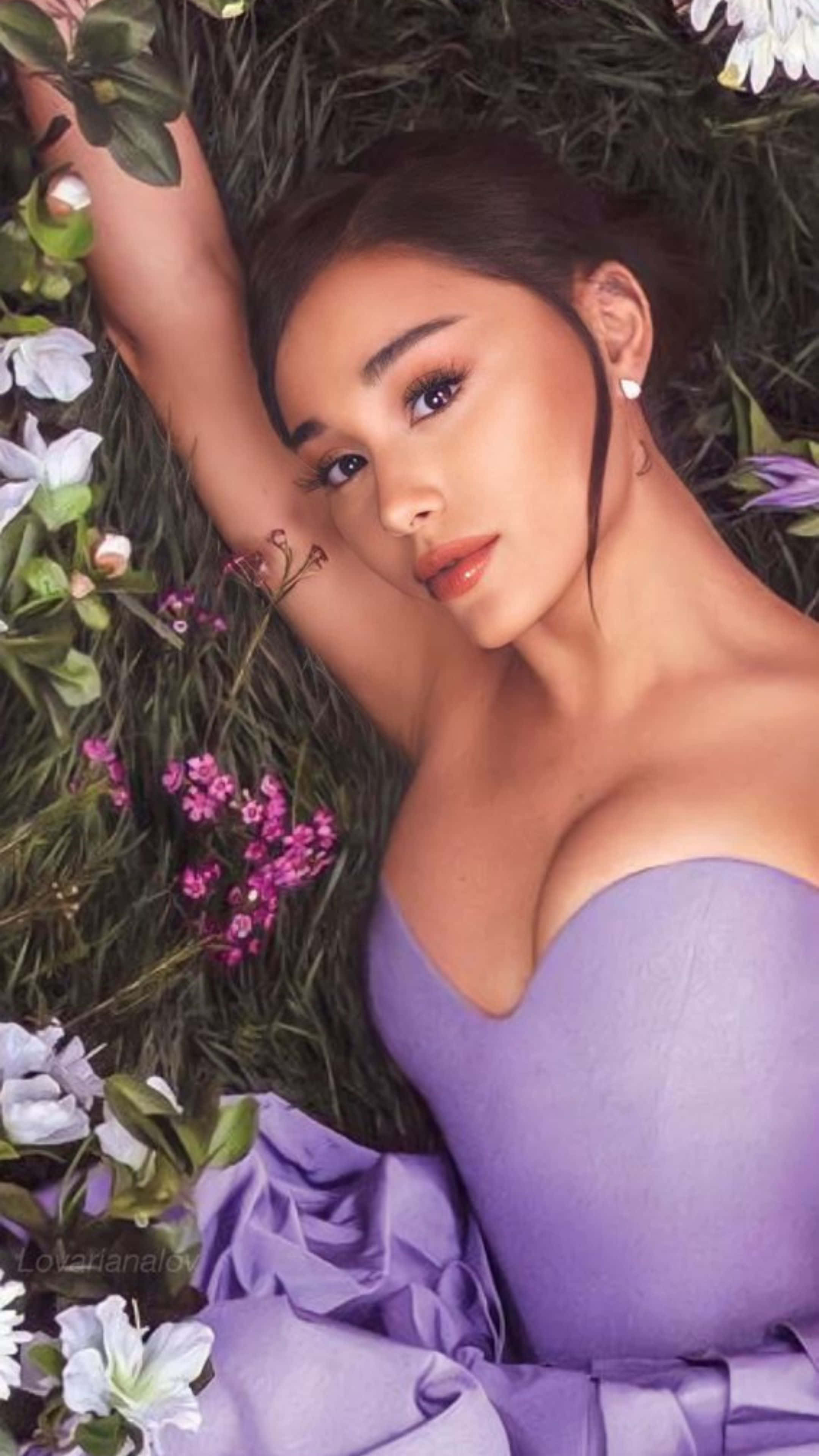Ariana Grande, lavender dress, green grass, 4K Phone Wallpaper