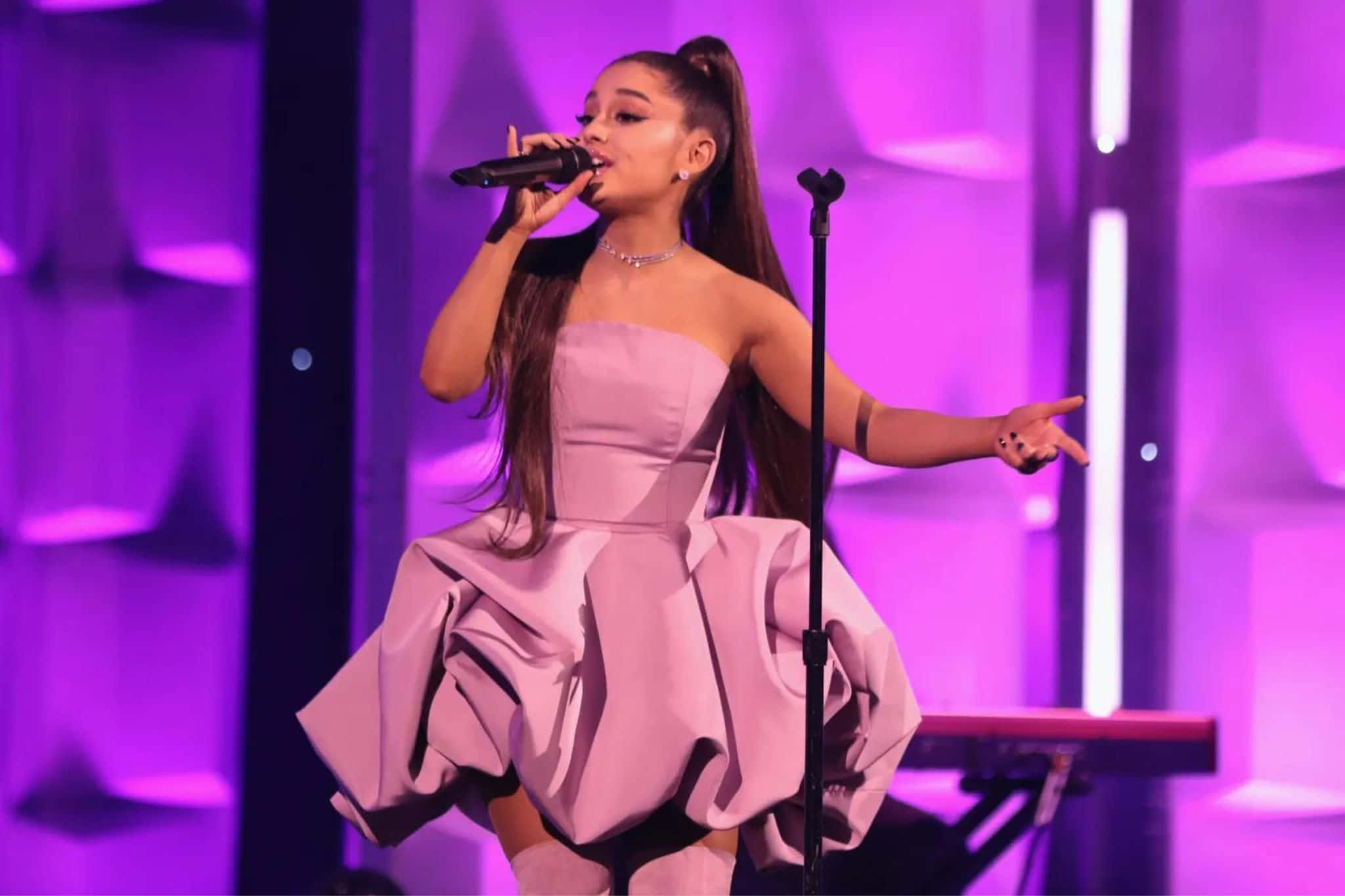 Ariana Grande, pink dress, lavender dress, Full HD Desktop Wallpaper