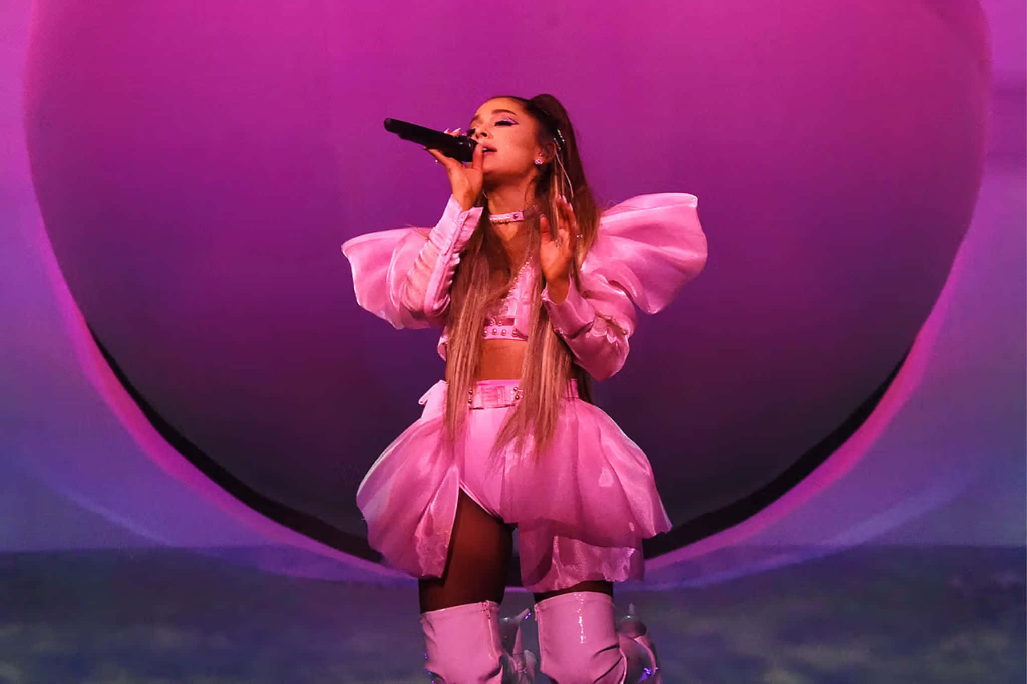 Ariana Grande, pink outfit, vibrant purple lighting, Full HD Desktop Wallpaper