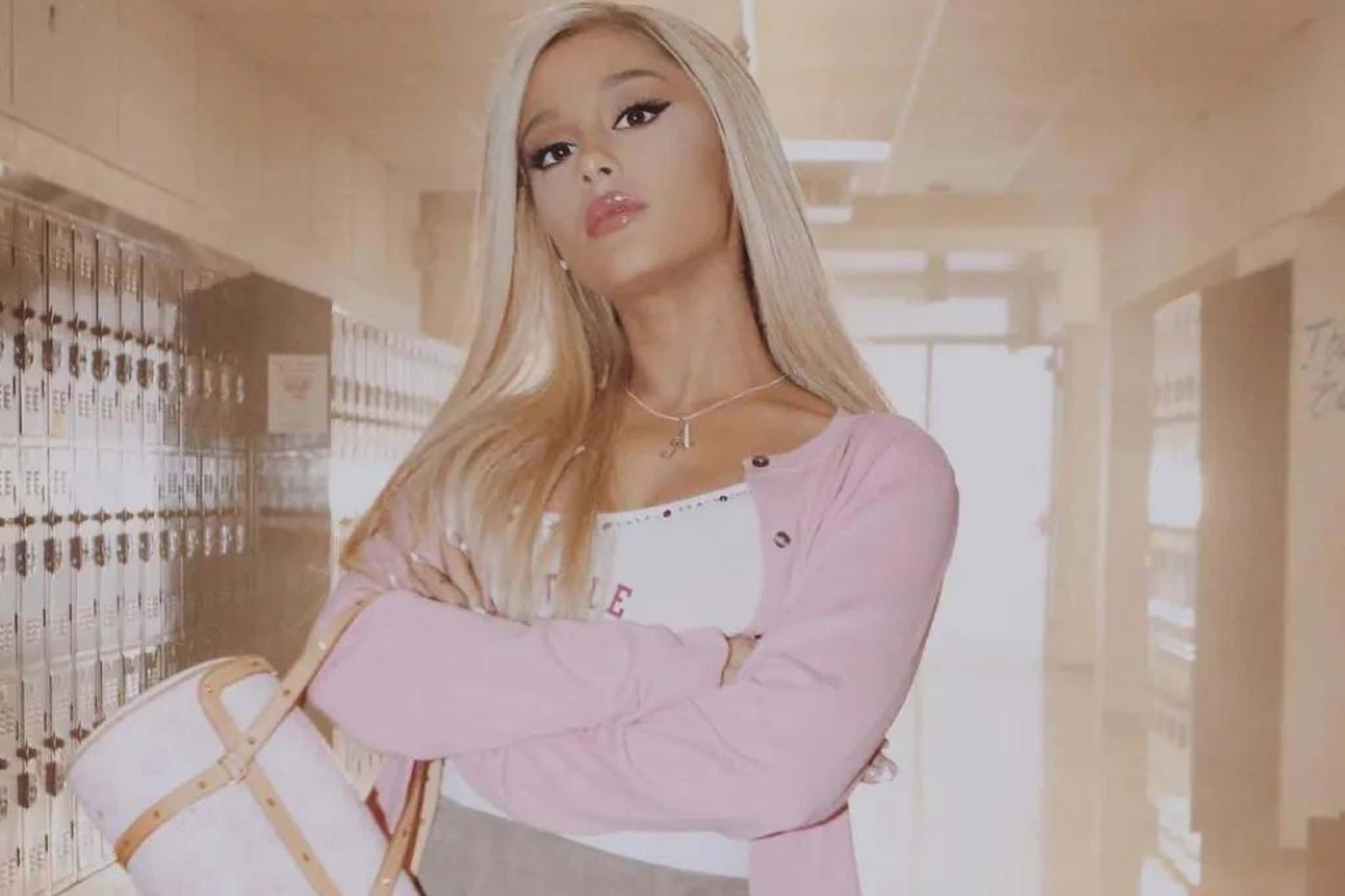 Ariana Grande, pink cardigan, white bag, Full HD Desktop Wallpaper