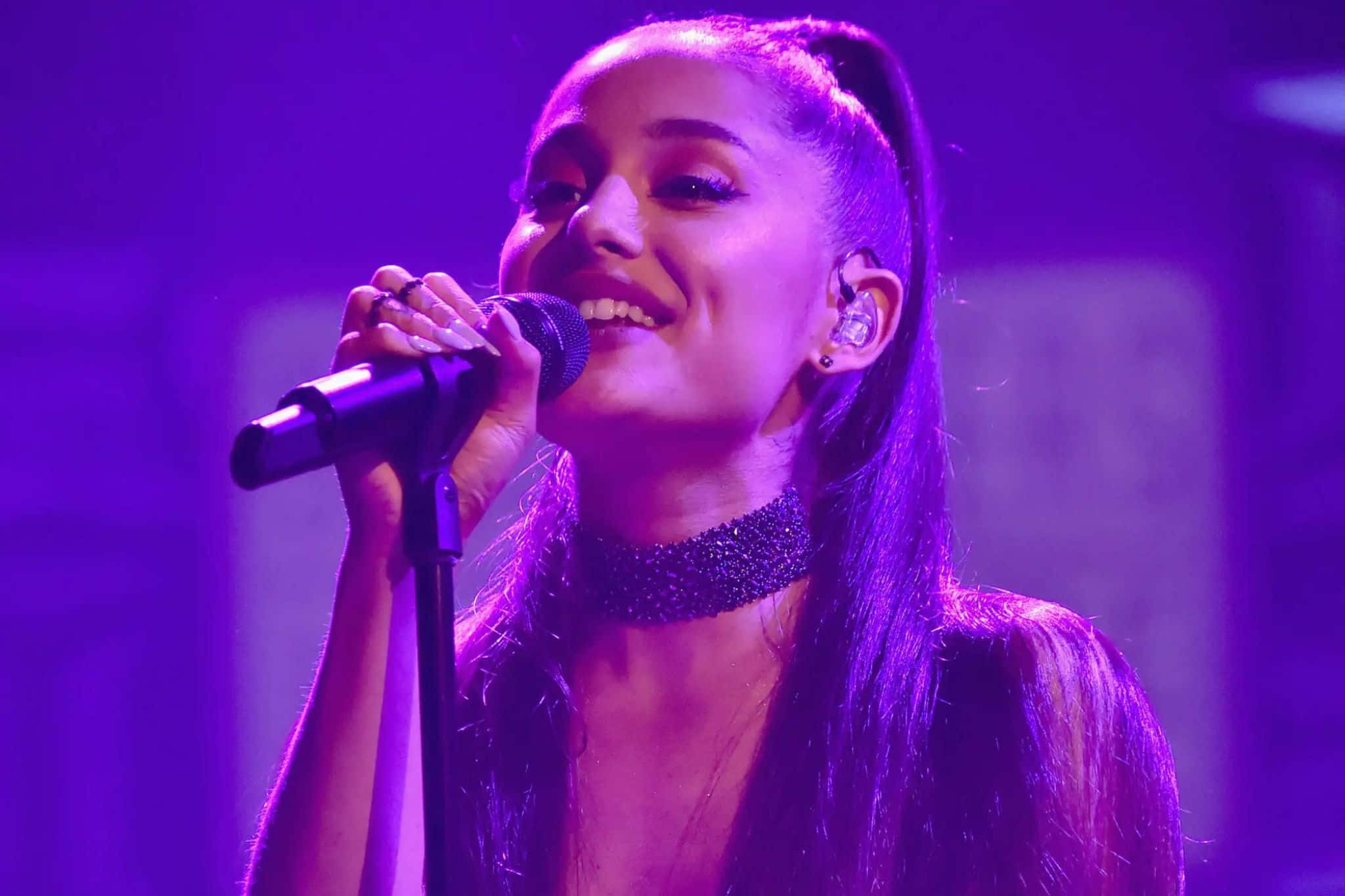 Ariana Grande, microphone, vibrant purple stage lights, Full HD Desktop Wallpaper