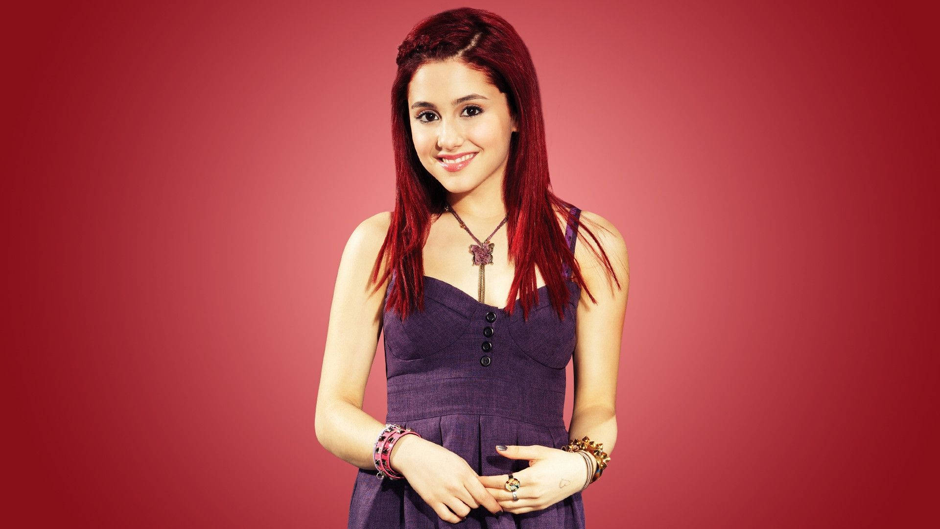 Ariana Grande, vibrant red hair, purple dress, Full HD Desktop Wallpaper