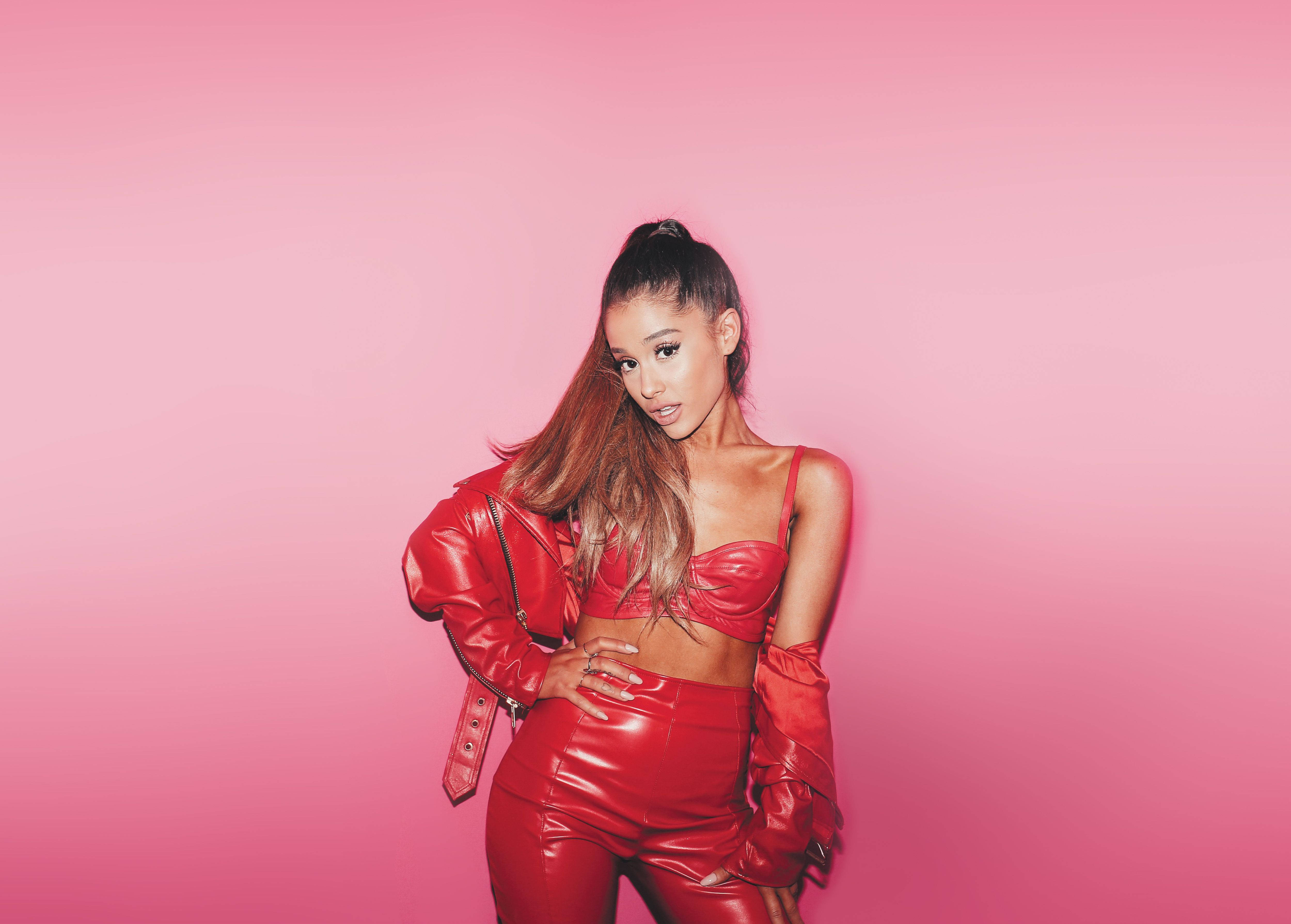 Ariana Grande, red leather outfit, shiny finish, 4K Desktop Wallpaper