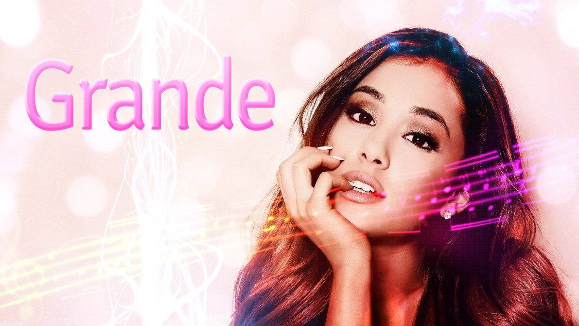 Ariana Grande, glowing pink background, musical notes, SD Desktop Wallpaper