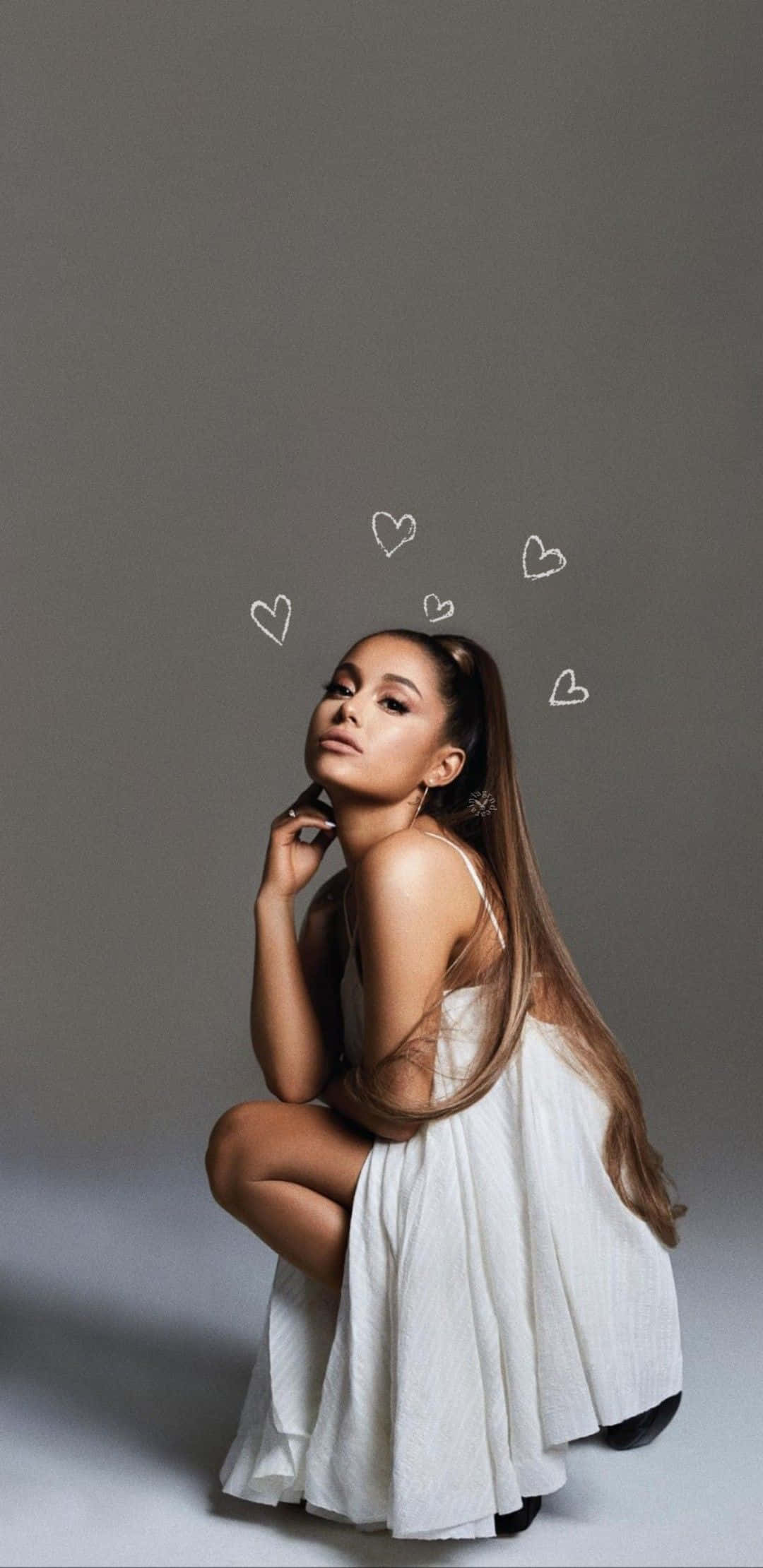 Ariana Grande, grey aesthetic, white dress, Full HD Phone Wallpaper