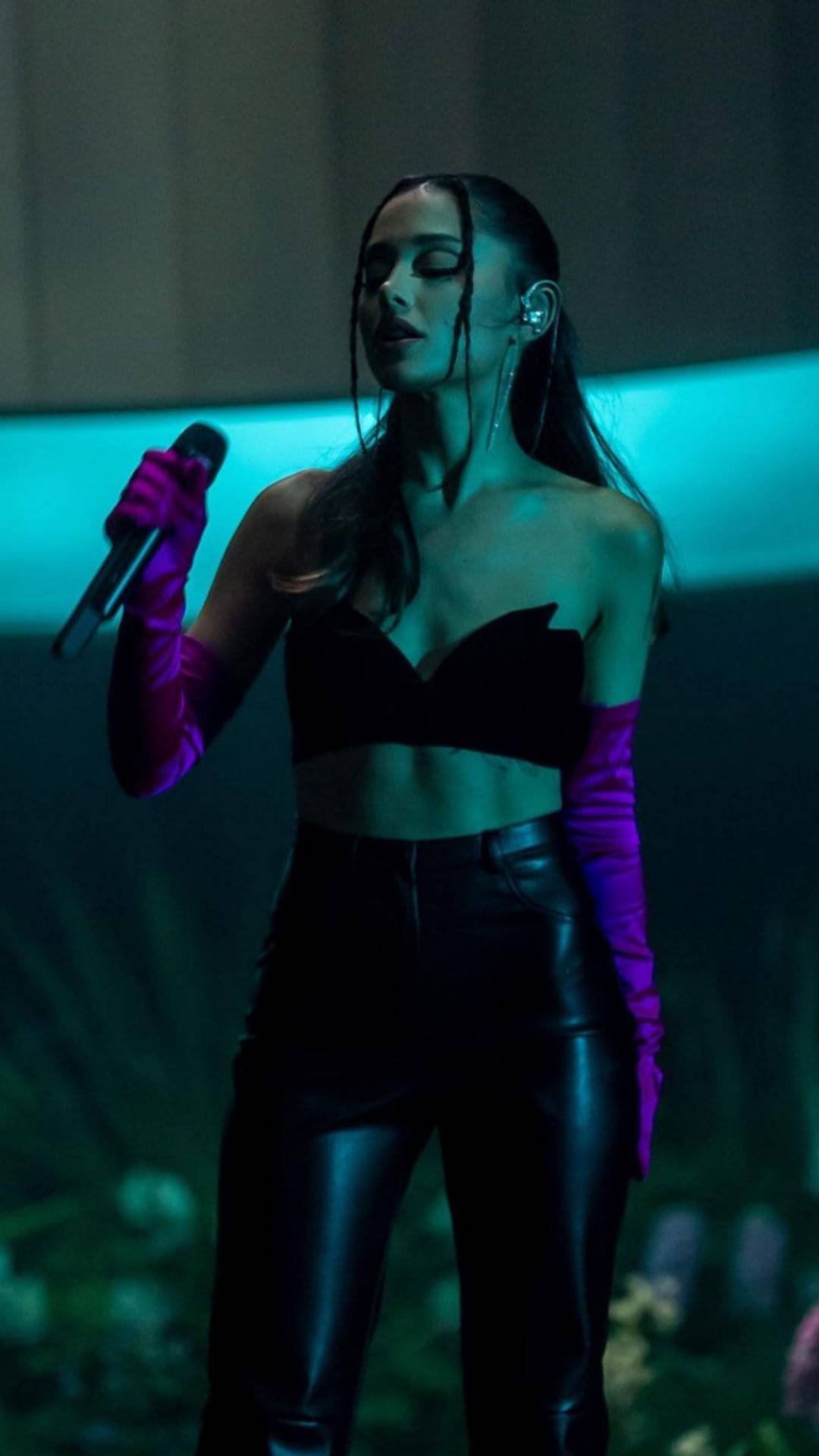 Ariana Grande, black leather, purple gloves, Full HD Phone Wallpaper