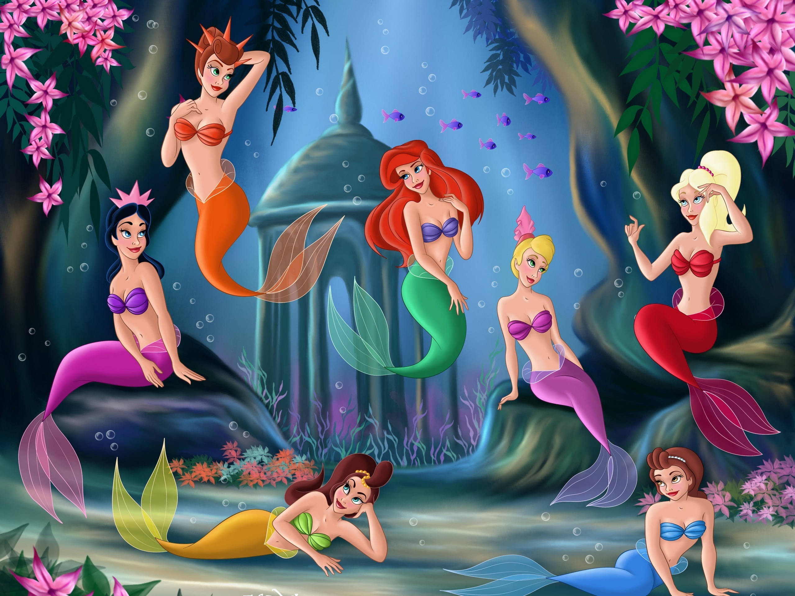 Ariel, mermaid sisters, glowing coral, 2K Desktop Wallpaper