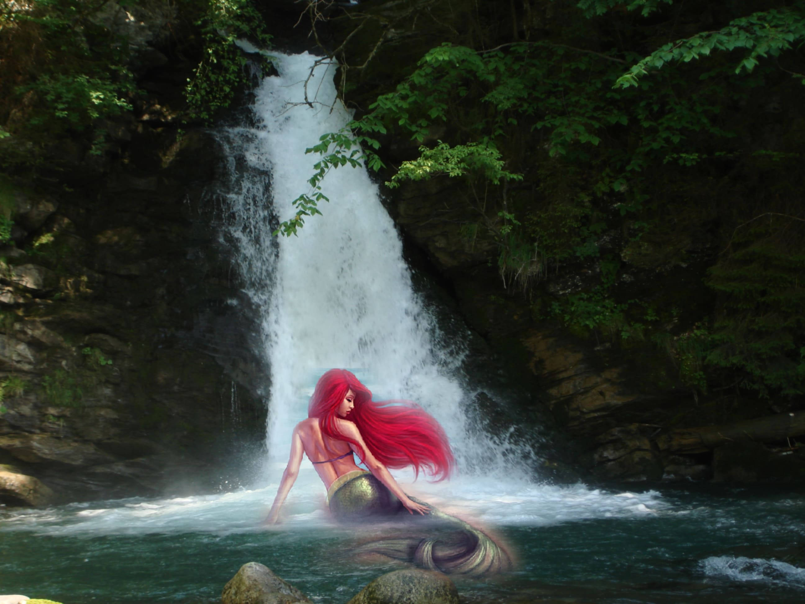 Ariel, waterfall, pool, 2K Desktop Wallpaper