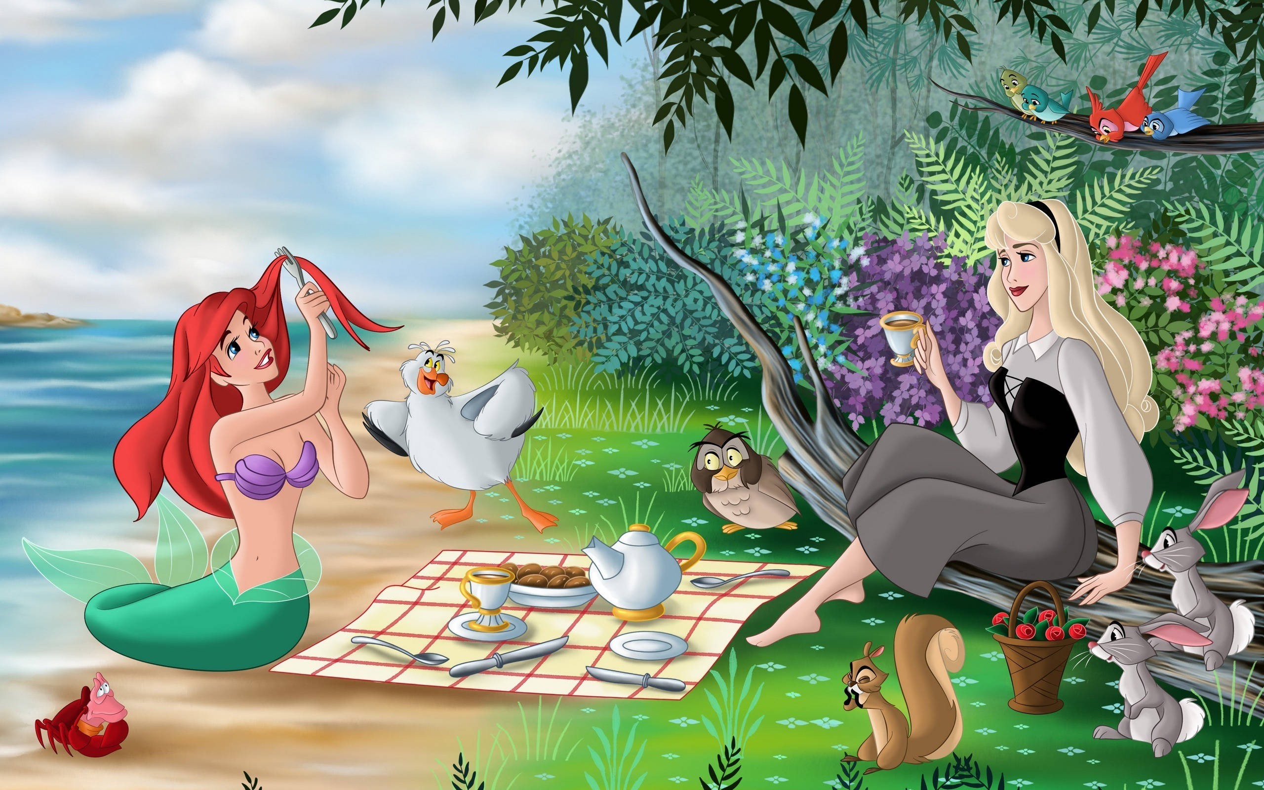 Ariel, Aurora, woodland animals, 2K Desktop Wallpaper