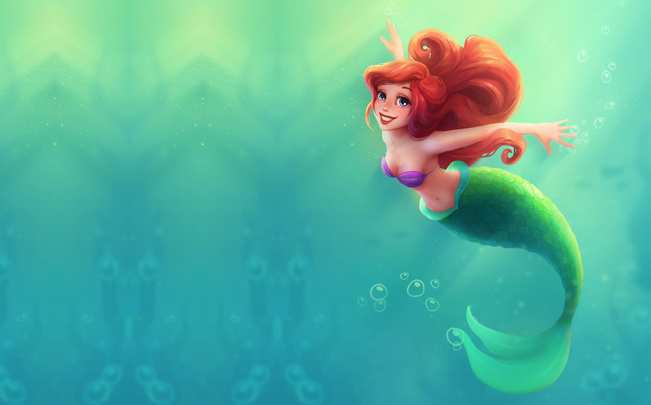 Ariel, red-haired mermaid, green tail, Full HD Desktop Wallpaper